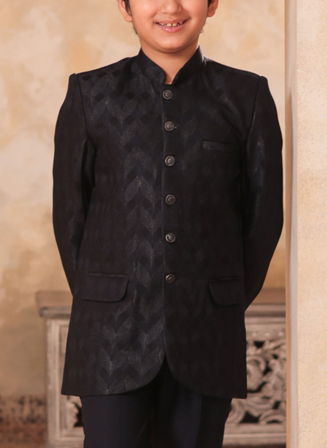 NAVY-BLUE Jacquard Full Sleeves Sequins and Embroidery Sherwani