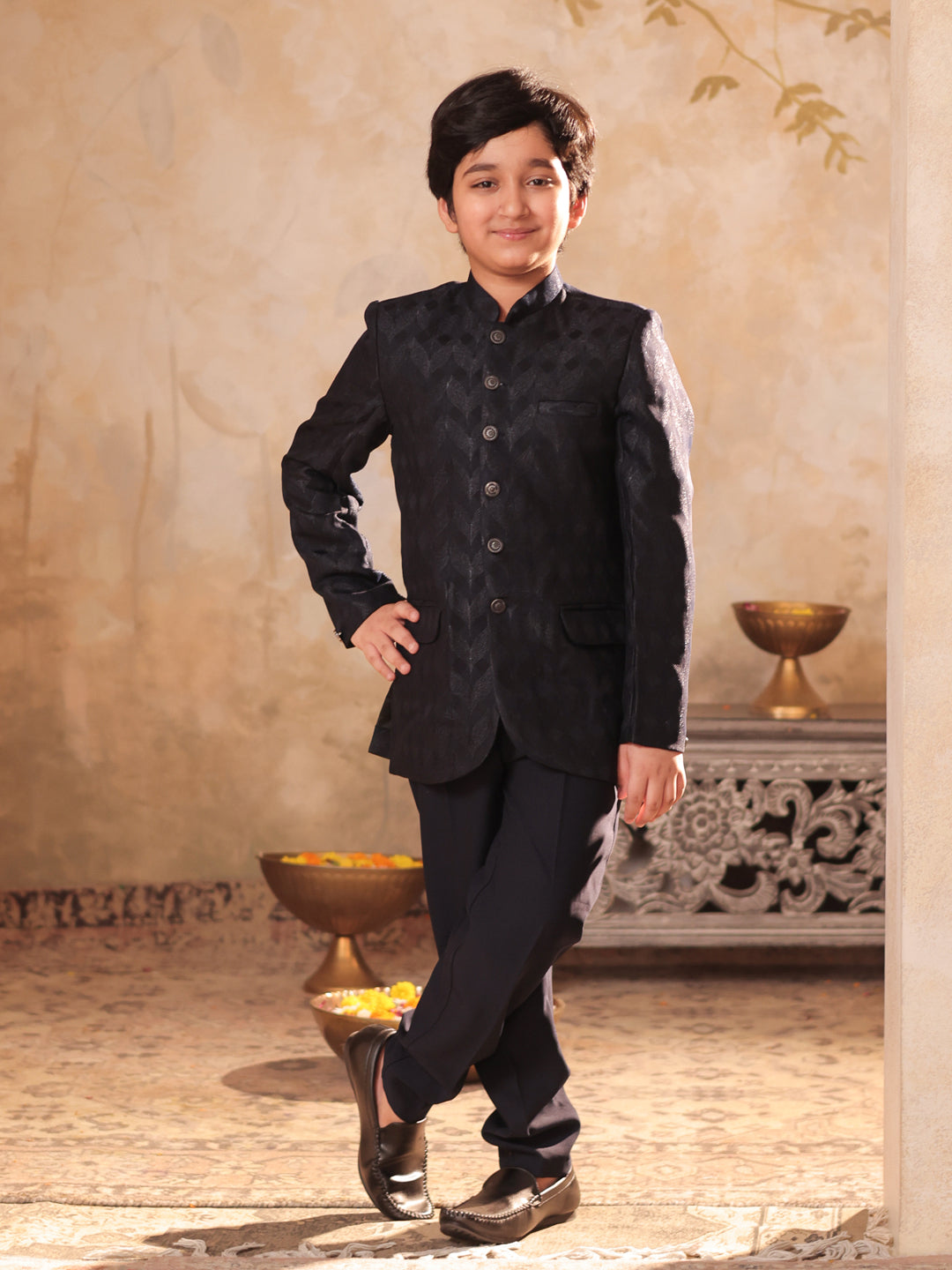 NAVY-BLUE Jacquard Full Sleeves Sequins and Embroidery Sherwani