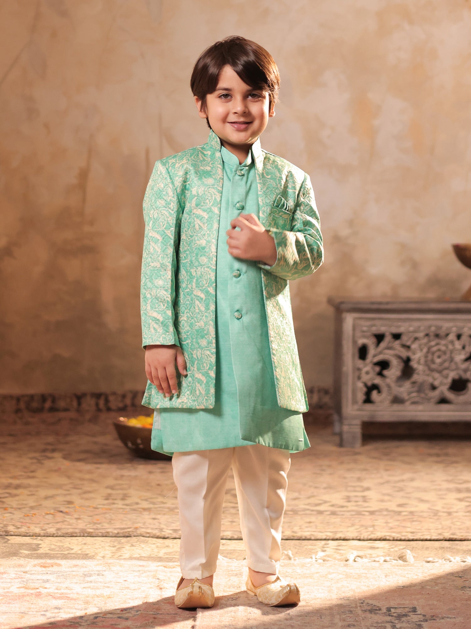 Boys Green Jacquard Full Sleeves Rich Embroidery Sherwani