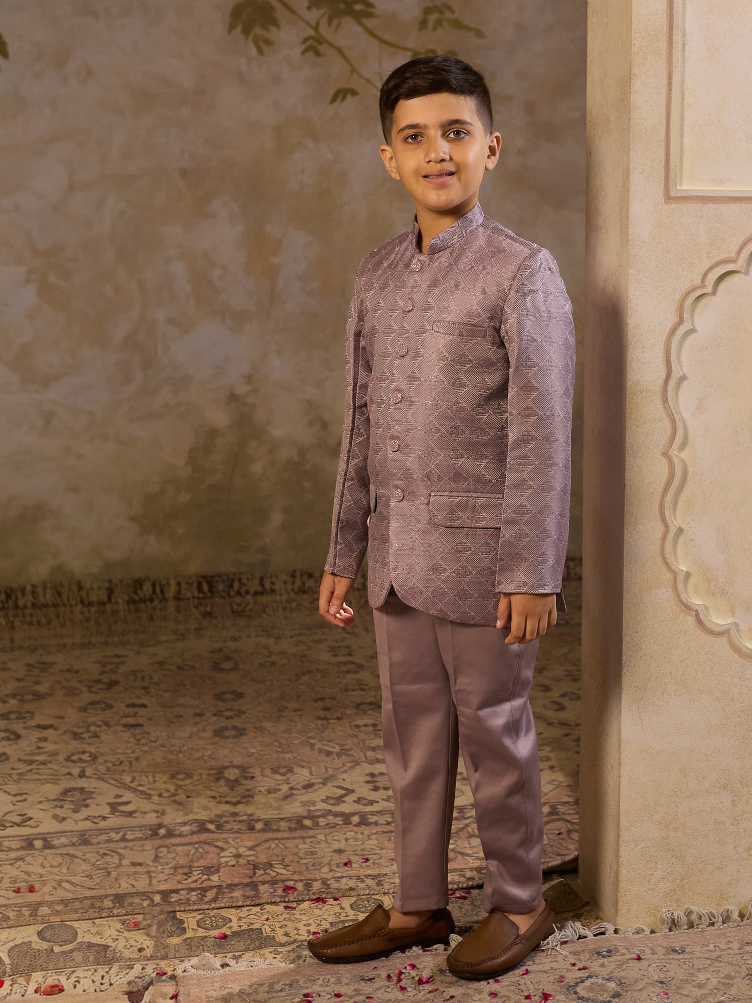 Boys Purple Jacquard Full Sleeves Sequins and Embroidery Sherwani