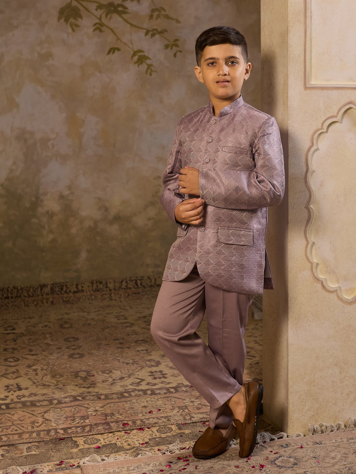Boys Purple Jacquard Full Sleeves Sequins and Embroidery Sherwani