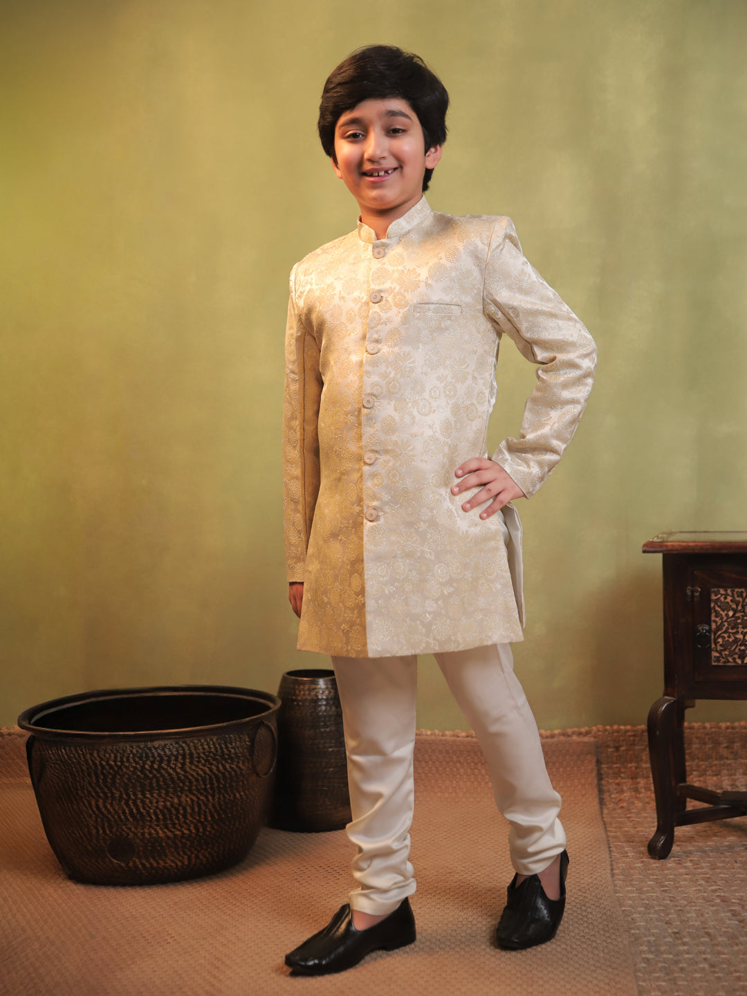 Cream Jacquard Full Sleeves Sherwani with Rich Floral Embroidery for boys