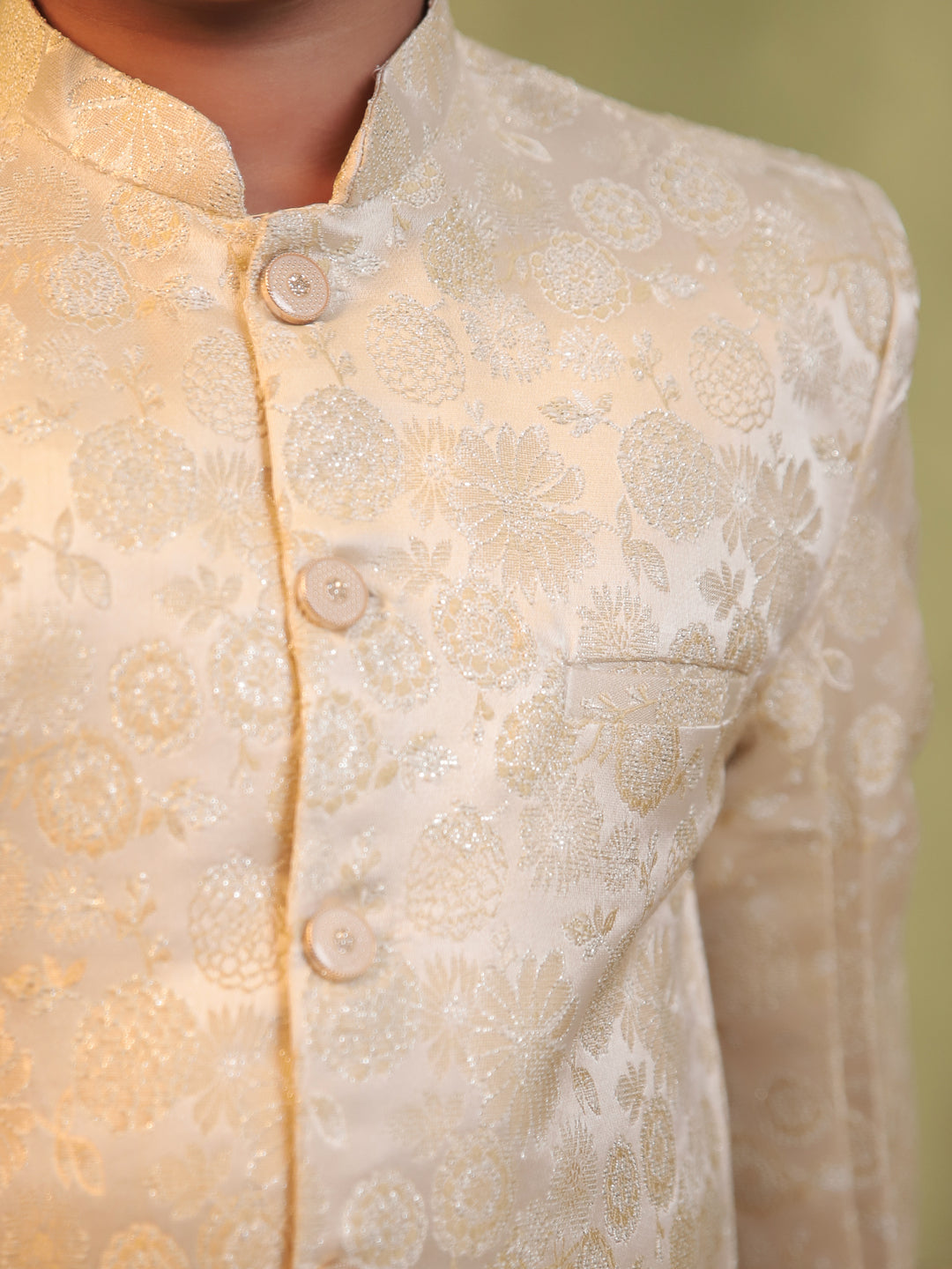 Cream Jacquard Full Sleeves Sherwani with Rich Floral Embroidery for boys