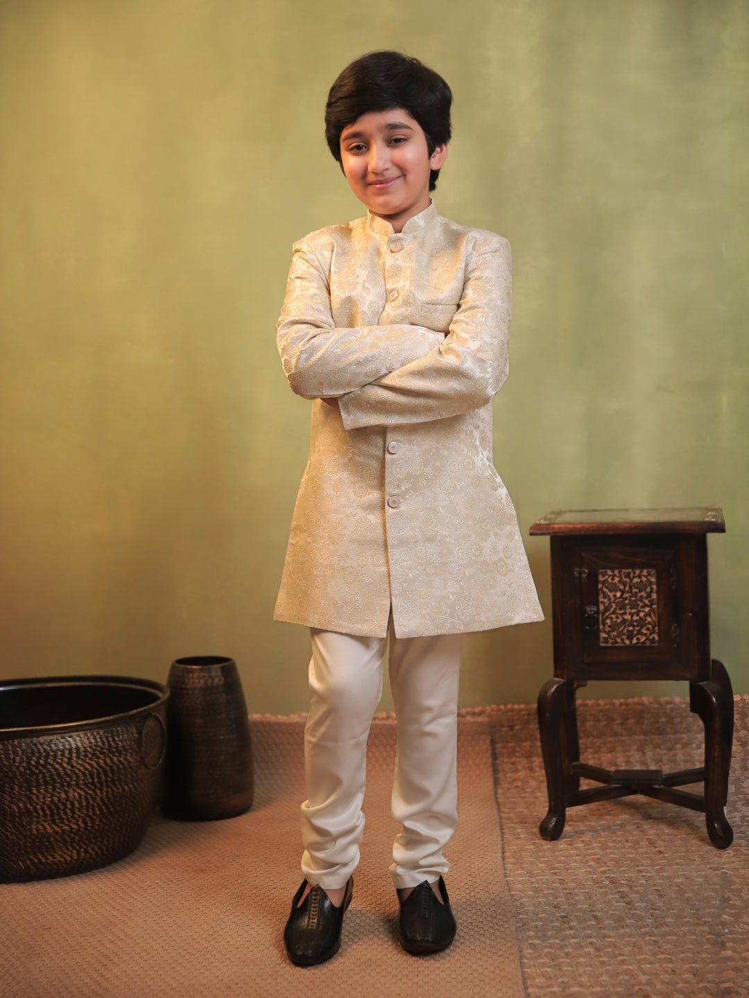 Cream Jacquard Full Sleeves Sherwani with Rich Floral Embroidery for boys