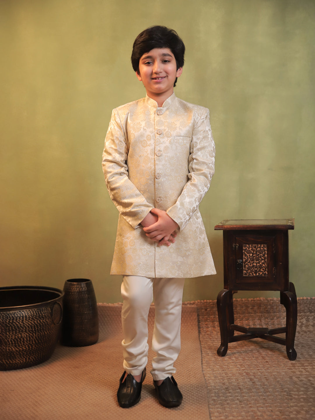 Cream Jacquard Full Sleeves Sherwani with Rich Floral Embroidery for boys