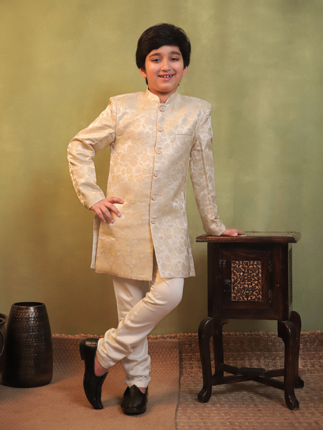 Cream Jacquard Full Sleeves Sherwani with Rich Floral Embroidery for boys