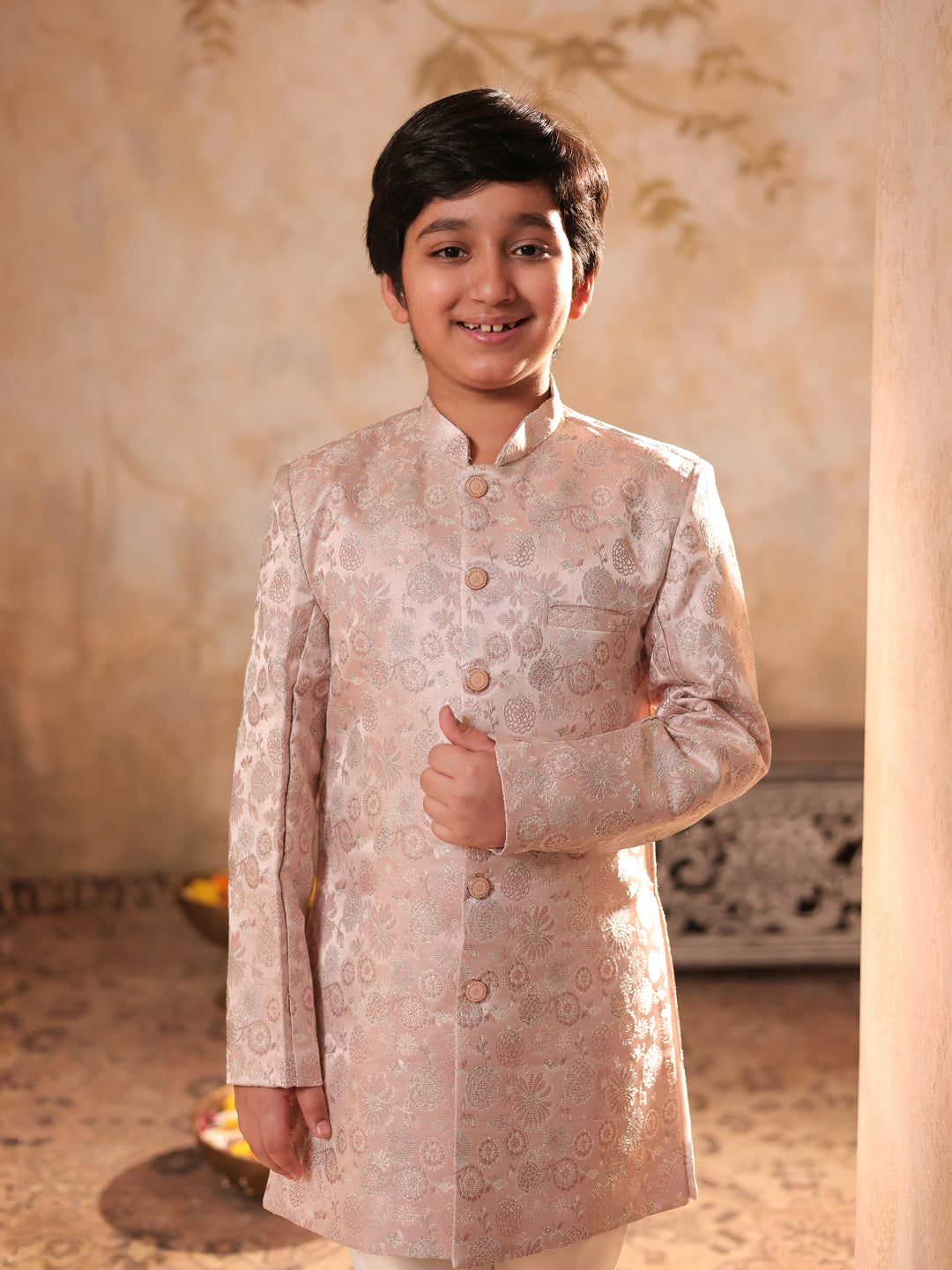 Pink Jacquard Full Sleeves Rich Floral Embroidery Sherwani