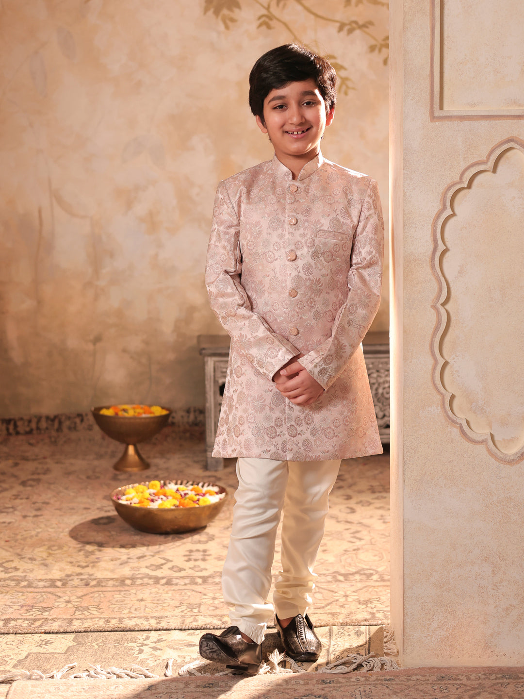 Pink Jacquard Full Sleeves Rich Floral Embroidery Sherwani