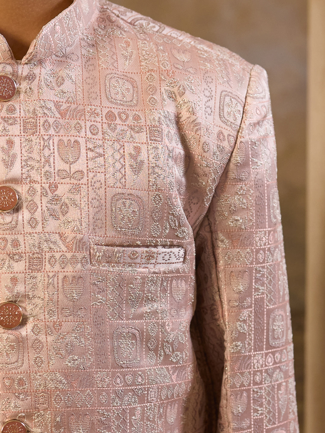 Pink Jacquard Full Sleeves Sherwani with Rich Floral Embroidery for boys