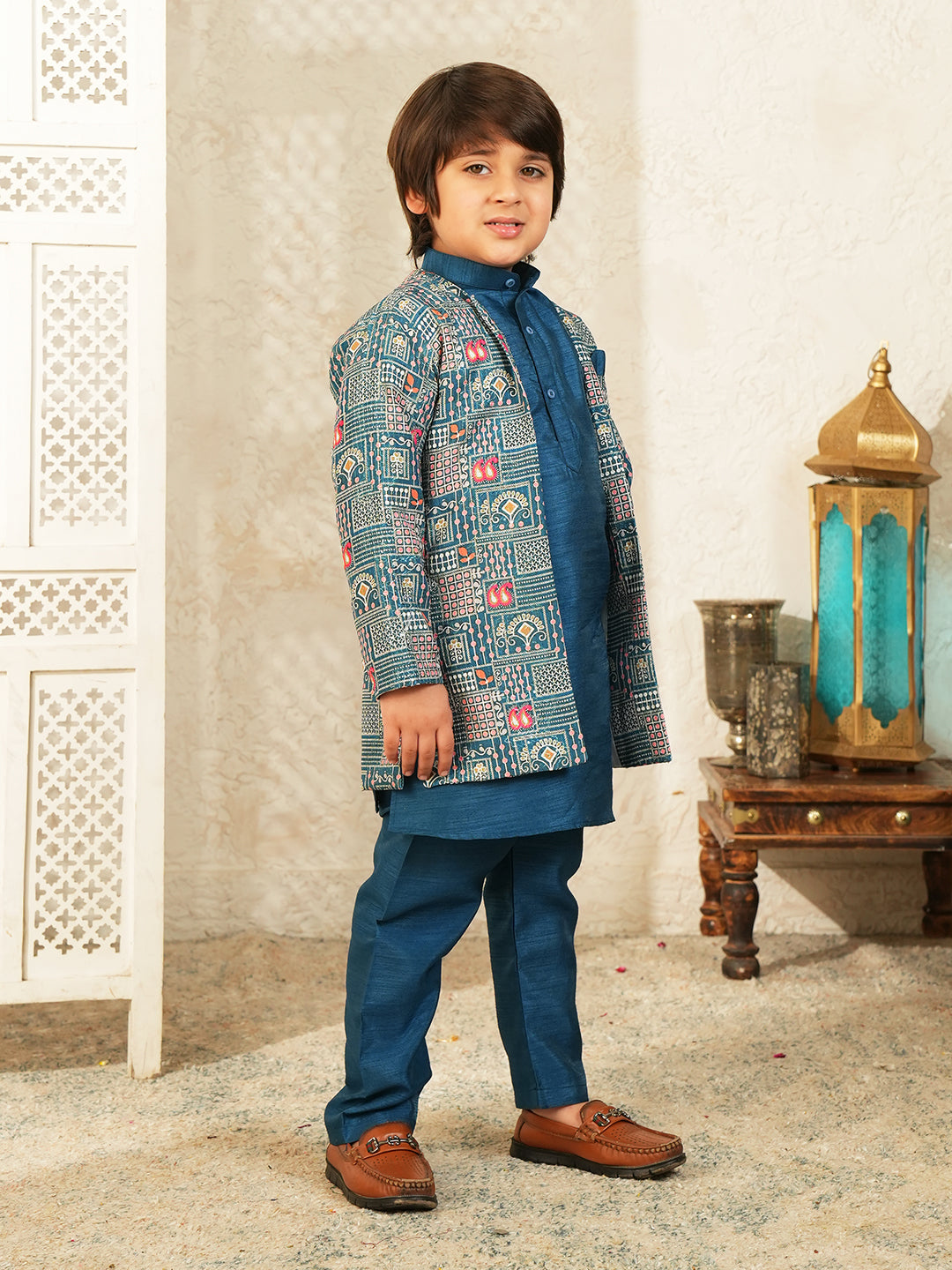 Dark Blue Printed Silk Blend Sherwani For Boys