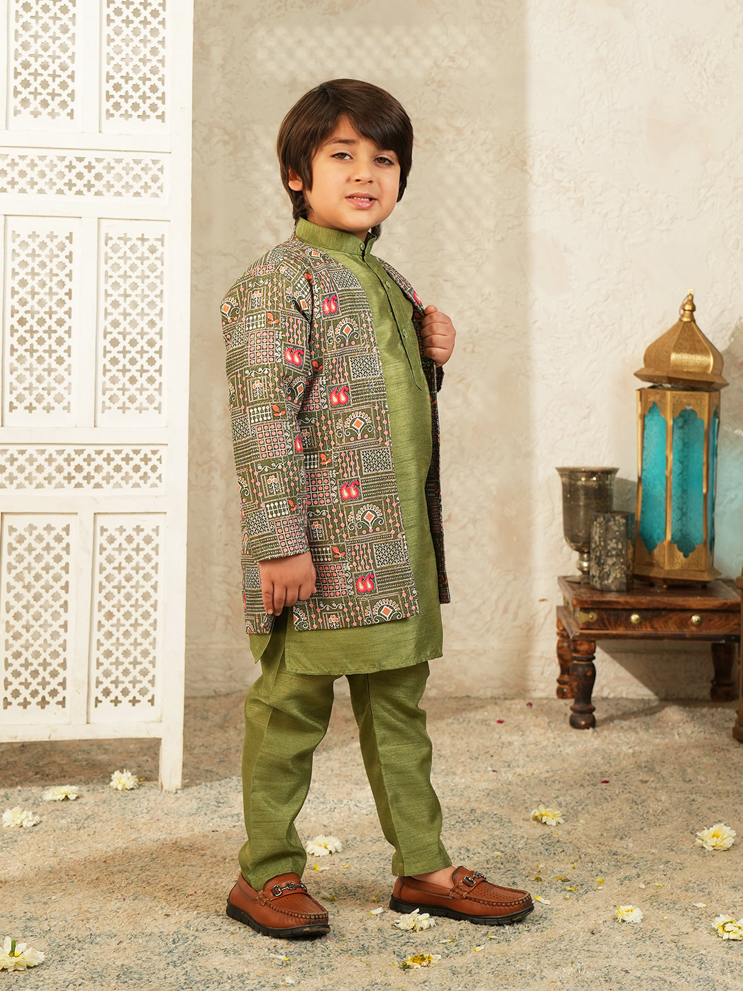 Pista Printed Silk Blend Sherwani For Boys