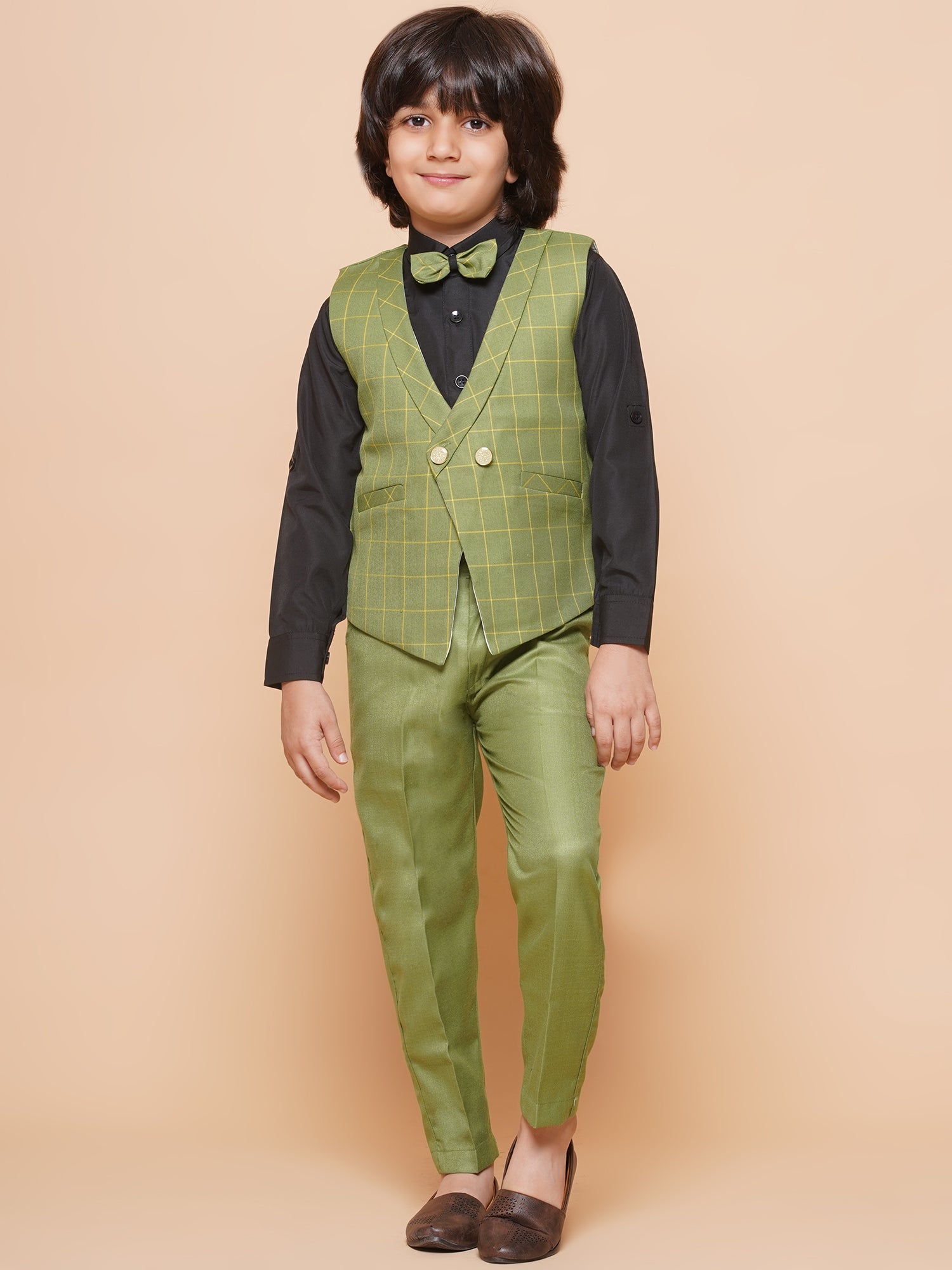 Kids Boys Green Solid Cotton Blend Shirt Pant Waistcoat - AJ Dezines
