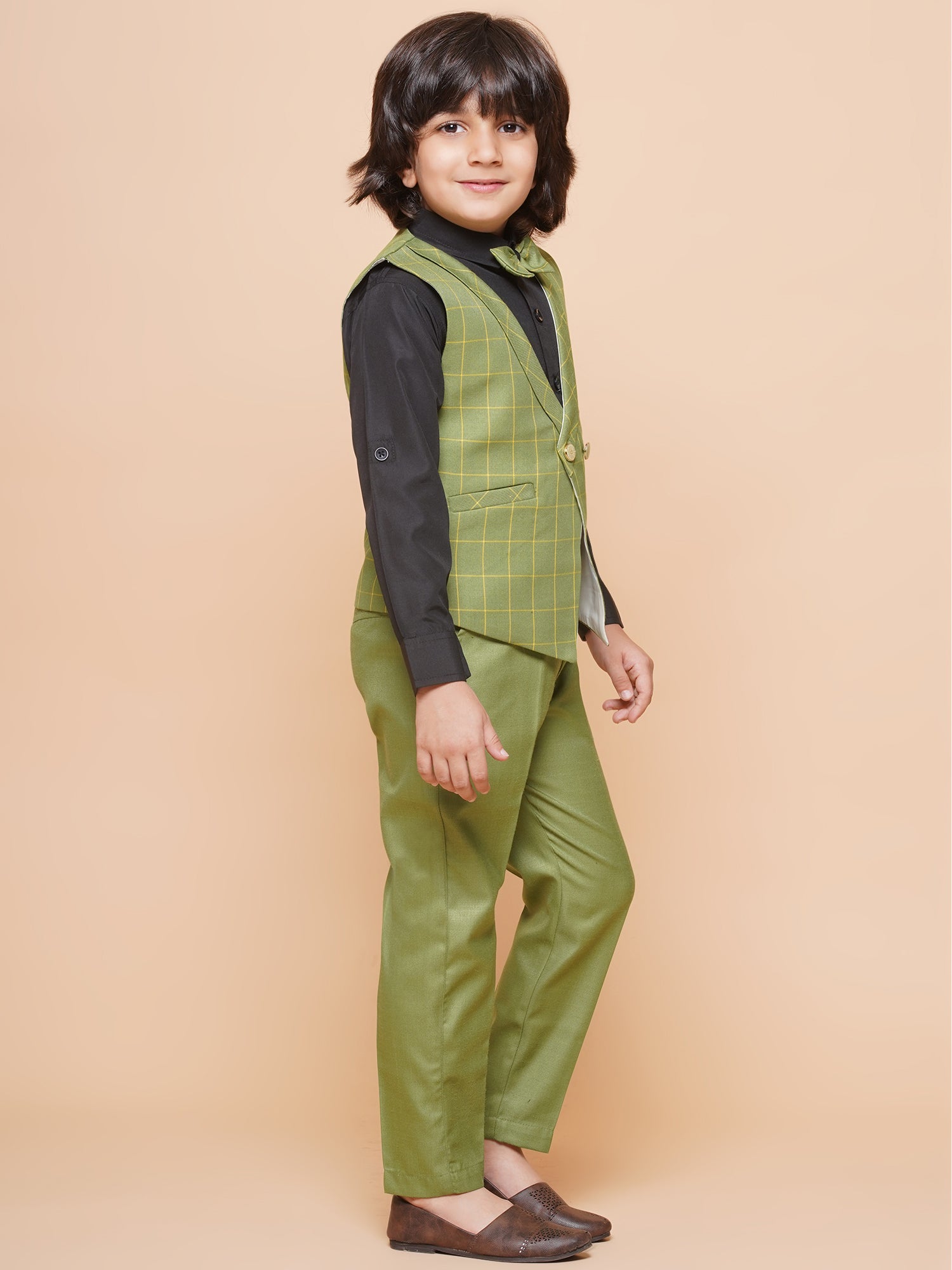 Kids Boys Green Solid Cotton Blend Shirt Pant Waistcoat - AJ Dezines