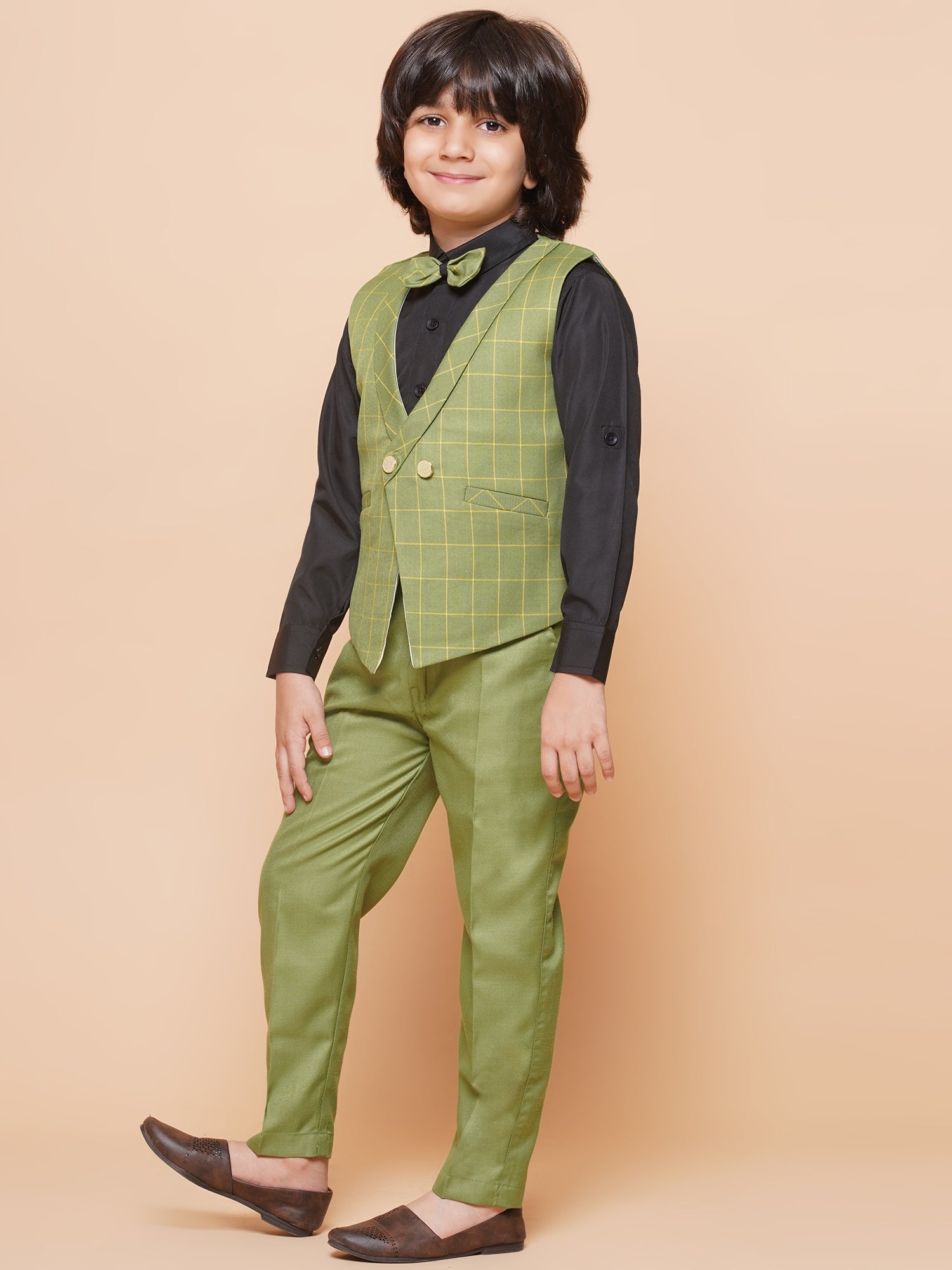 Kids Boys Green Solid Cotton Blend Shirt Pant Waistcoat - AJ Dezines