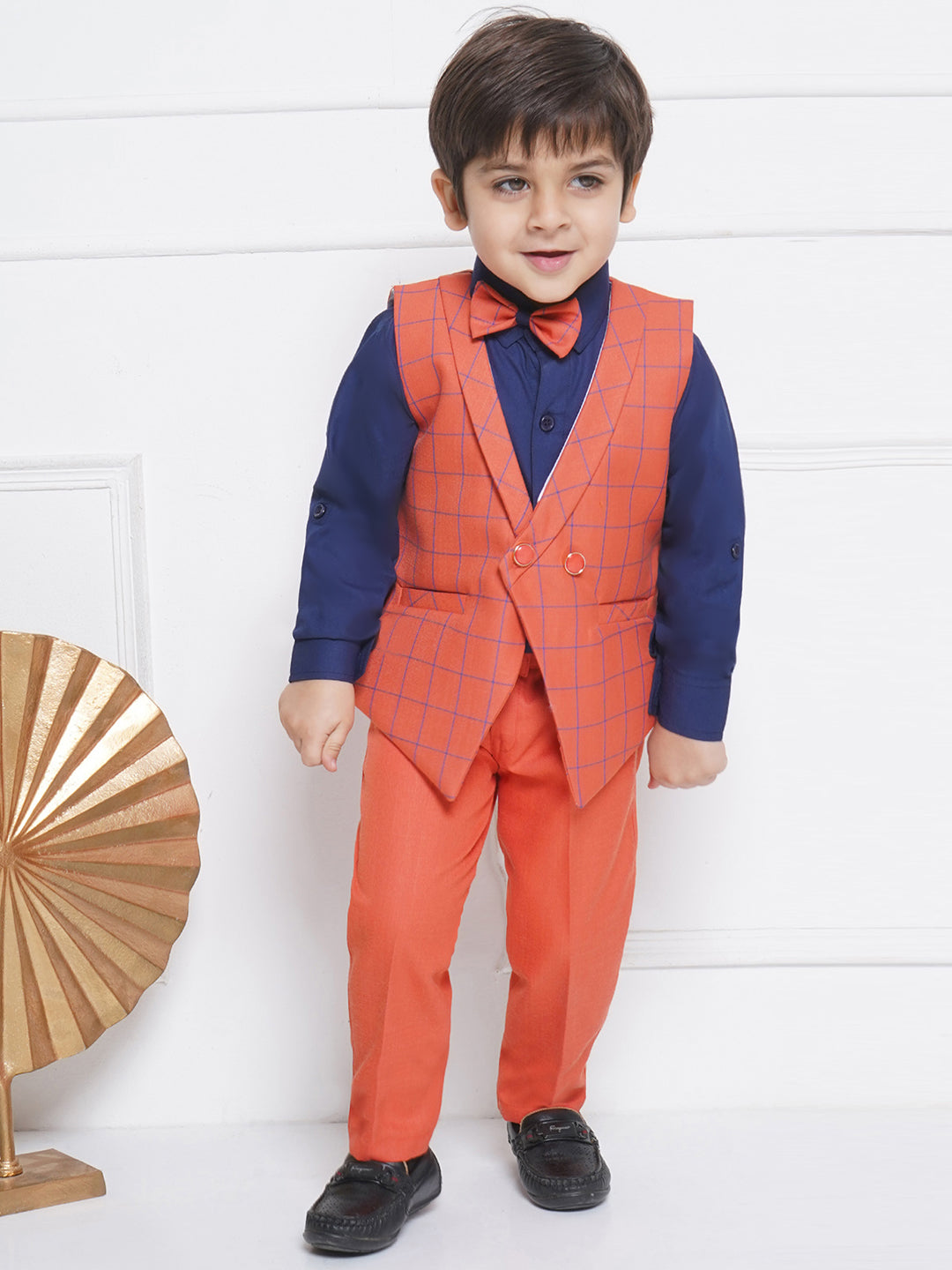 Kids Boys Gajri Checkered Suiting Blend Shirt Pant Waistcoat - AJ Dezines