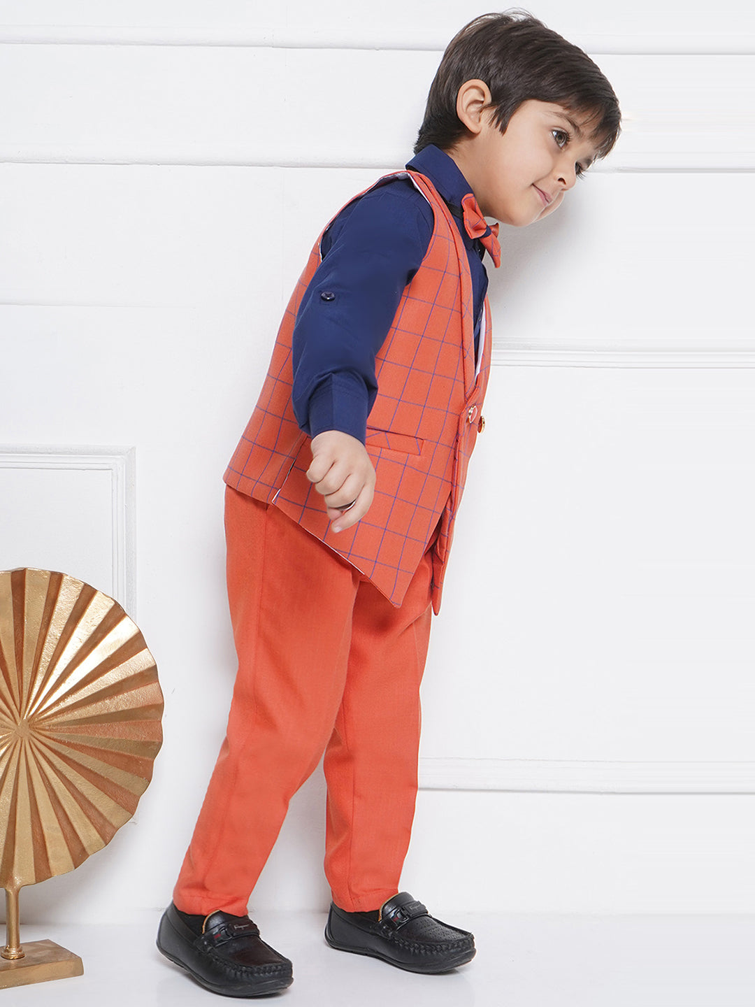 Kids Boys Gajri Checkered Suiting Blend Shirt Pant Waistcoat - AJ Dezines
