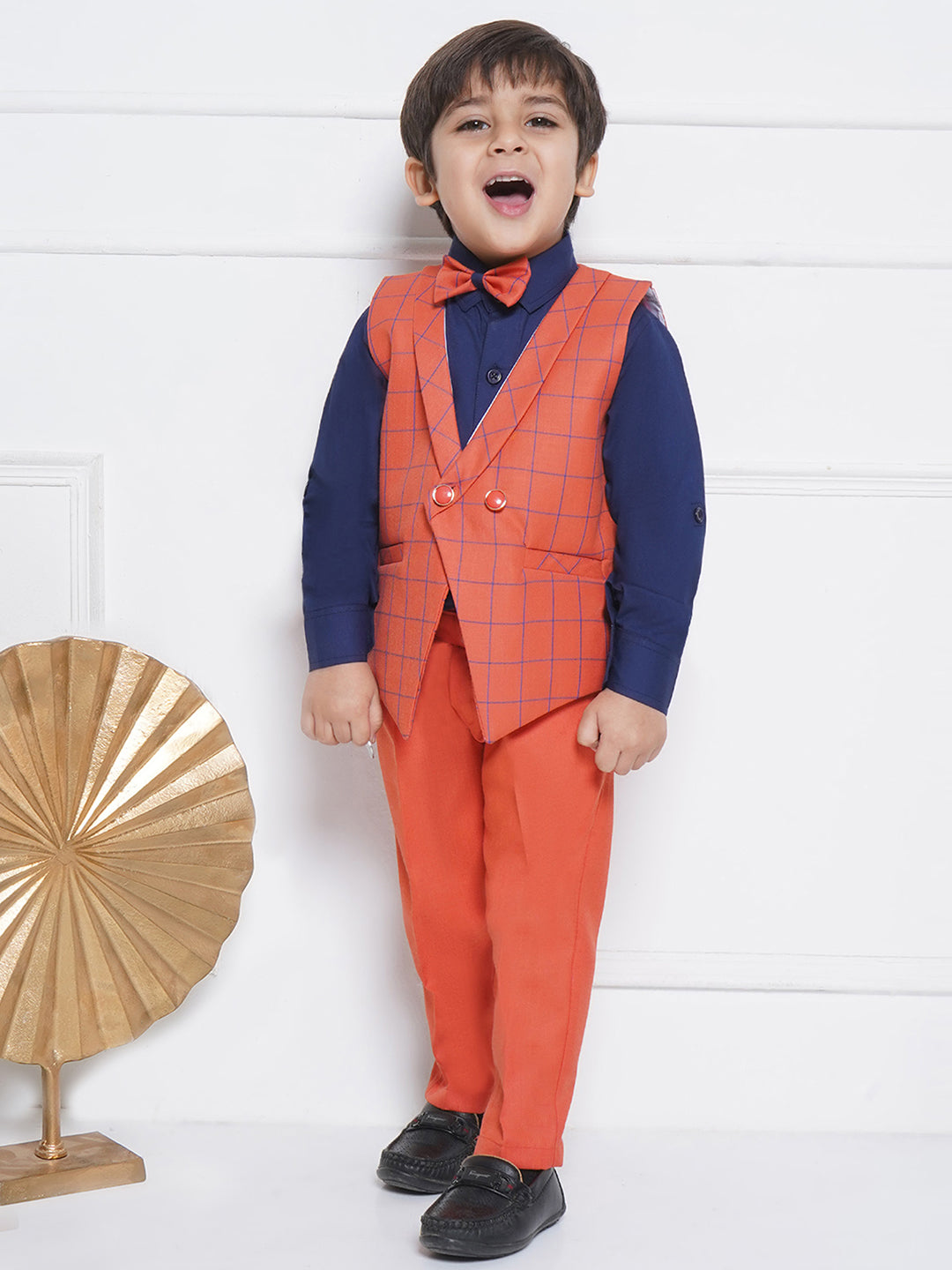Kids Boys Gajri Checkered Suiting Blend Shirt Pant Waistcoat - AJ Dezines