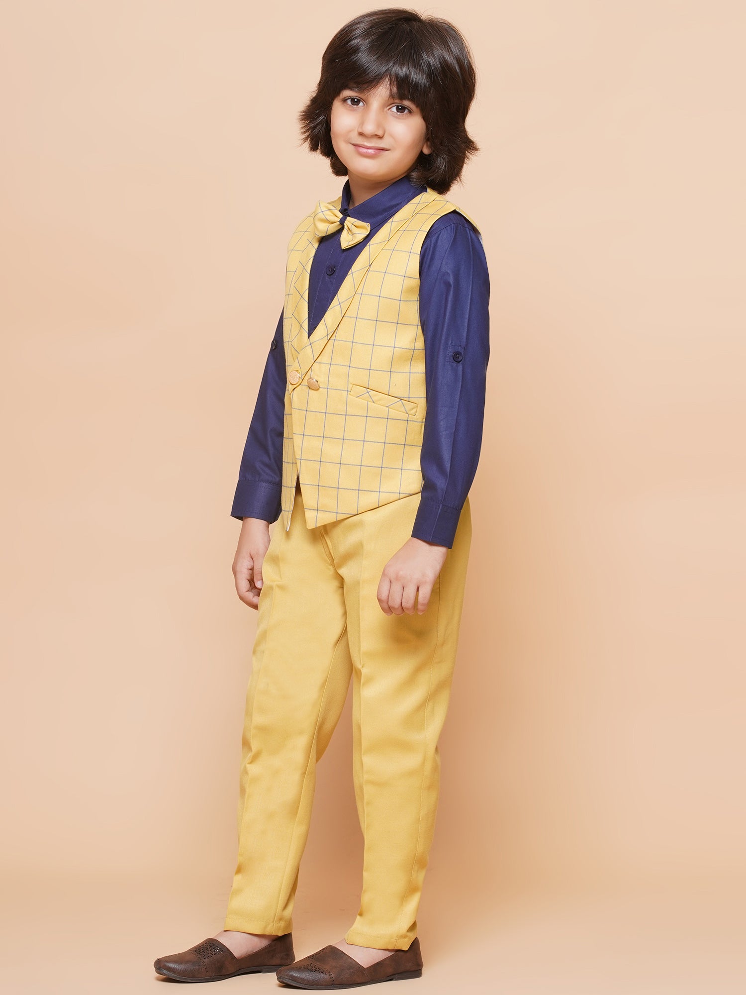 Kids Boys Yellow Solid Cotton Blend Shirt Pant Waistcoat - AJ Dezines