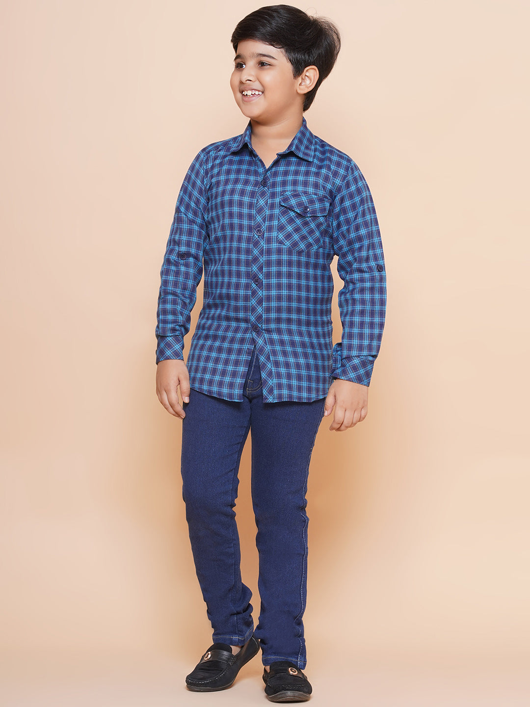Kids Boys Navy Blue Checkered Cotton Top & Bottom Set - AJ Dezines