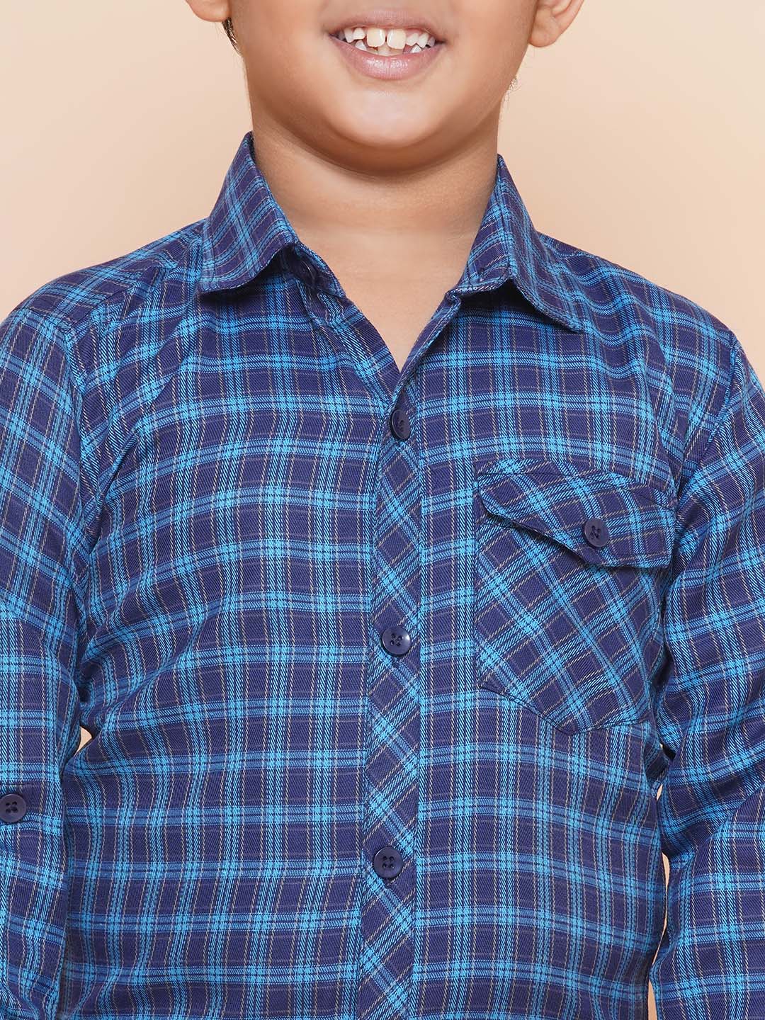 Kids Boys Navy Blue Checkered Cotton Top & Bottom Set - AJ Dezines