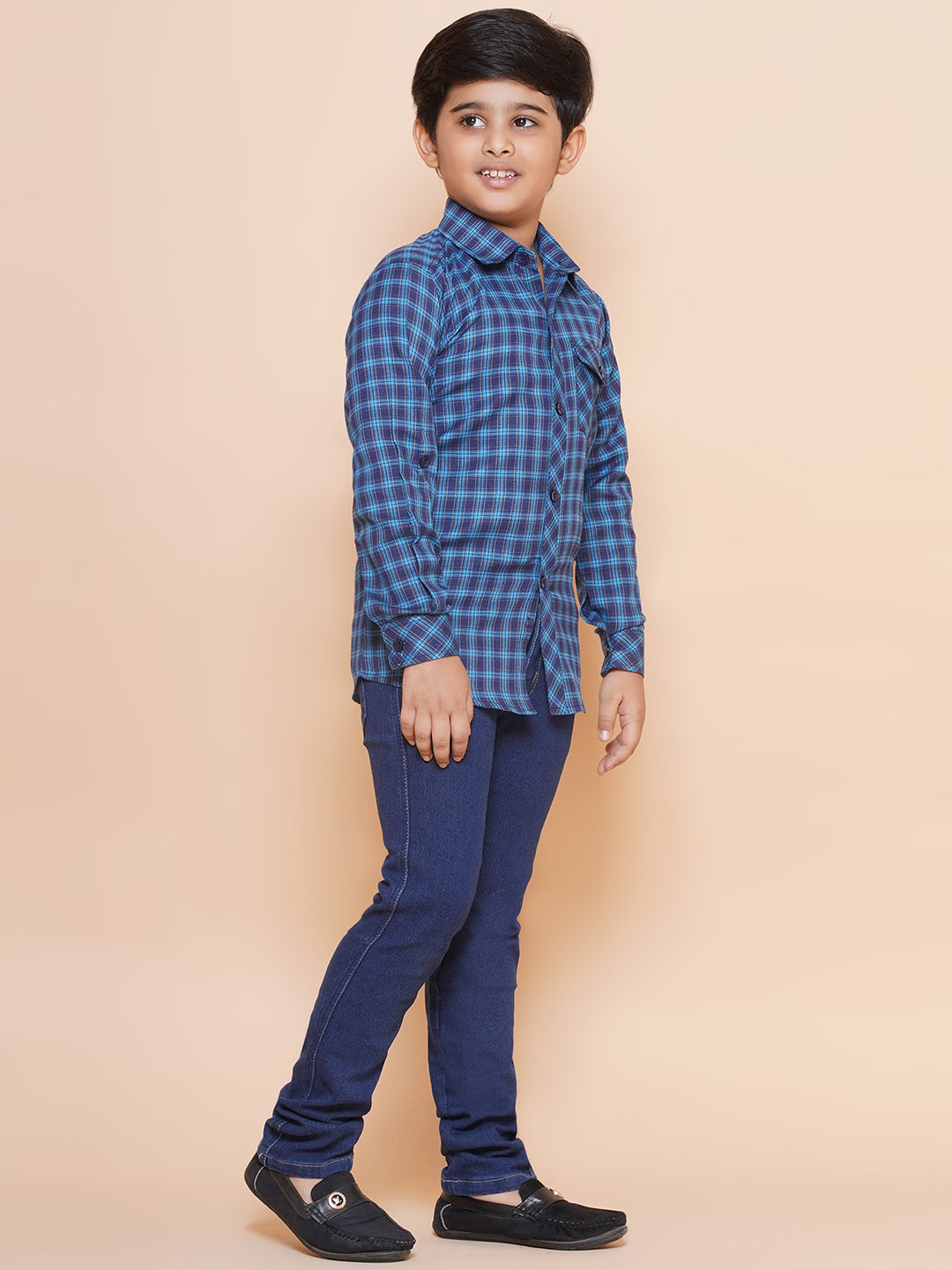 Kids Boys Navy Blue Checkered Cotton Top & Bottom Set - AJ Dezines
