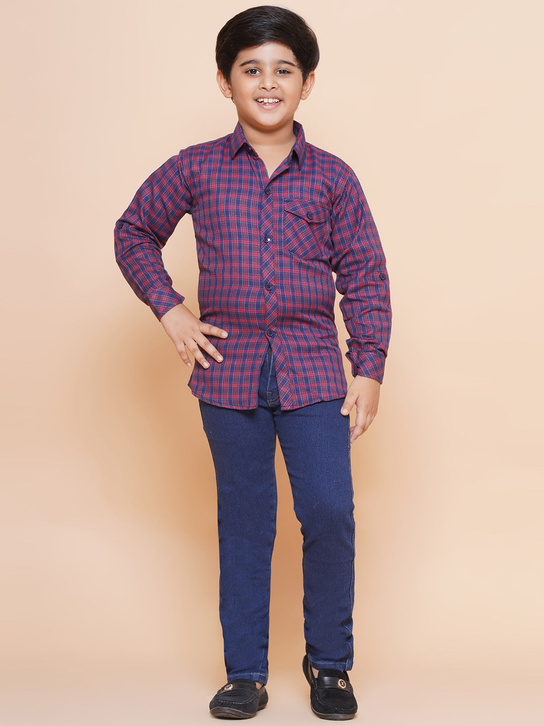 Kids Boys Red Checkered Cotton Top & Bottom Set - AJ Dezines
