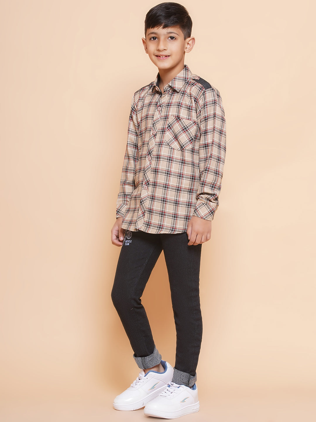 Kids Boys Beige Checkered Cotton Top & Bottom Set - AJ Dezines