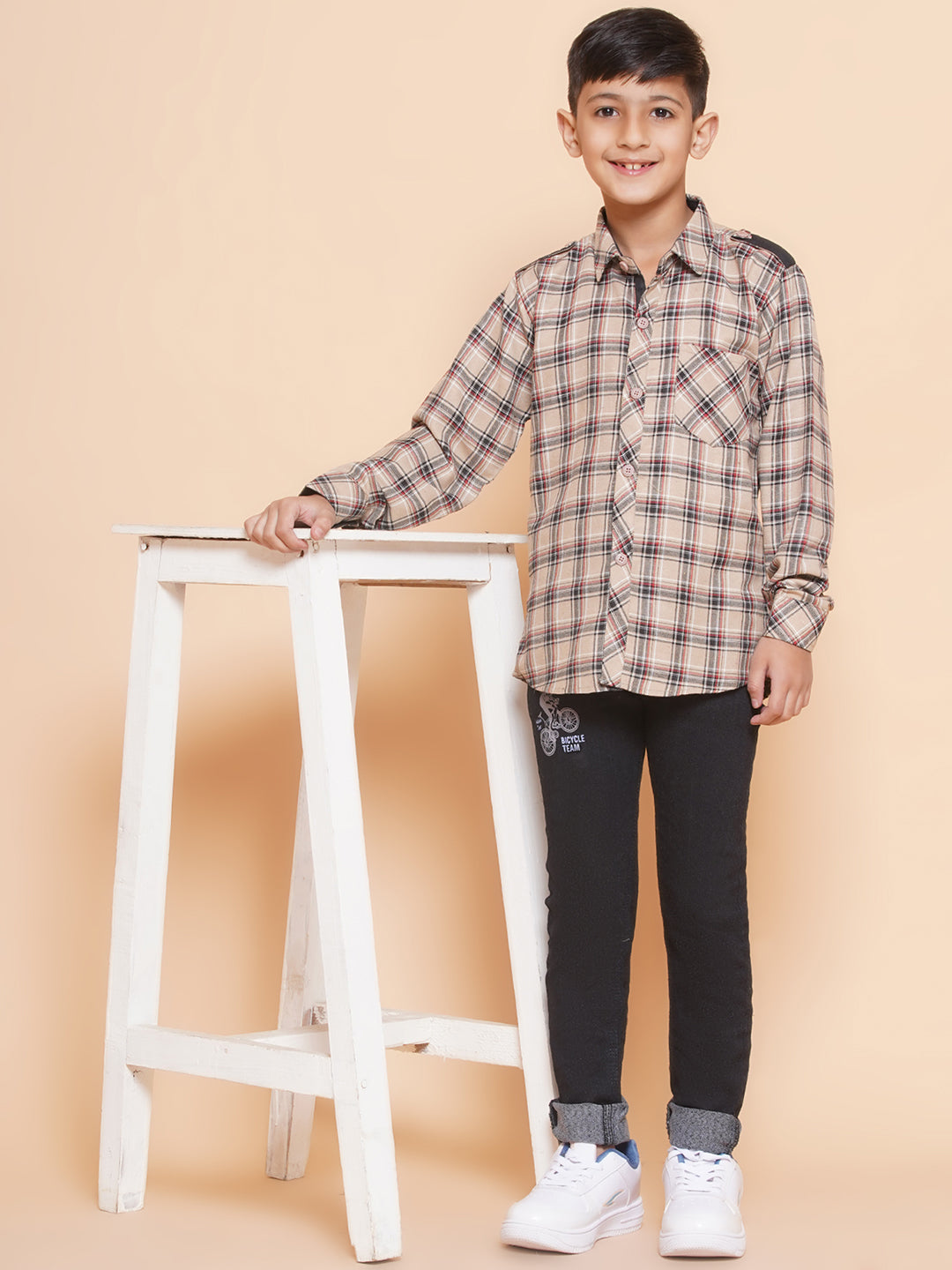Kids Boys Beige Checkered Cotton Top & Bottom Set - AJ Dezines