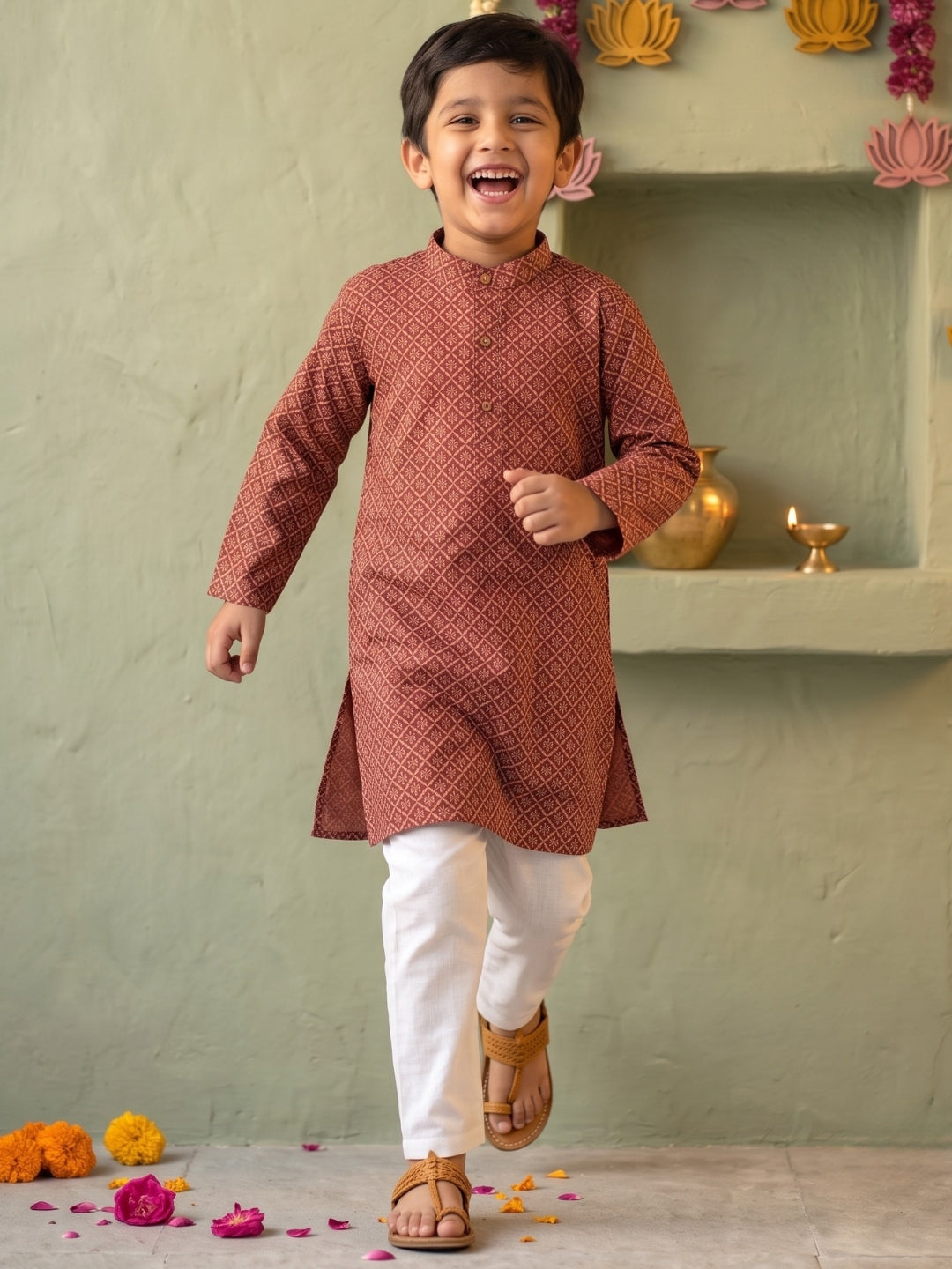 Red Floral Geometric Print Cotton Blend Kurta Pyjama Set For Boys