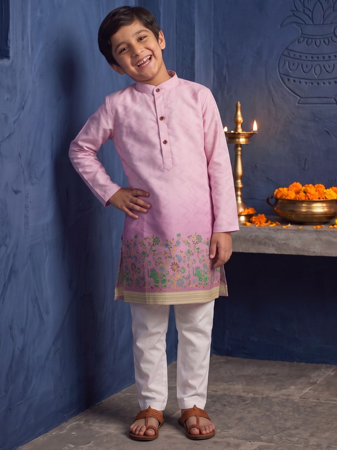Pink Elephant Printed Cotton Blend Kurta Pyjama Set For Boys