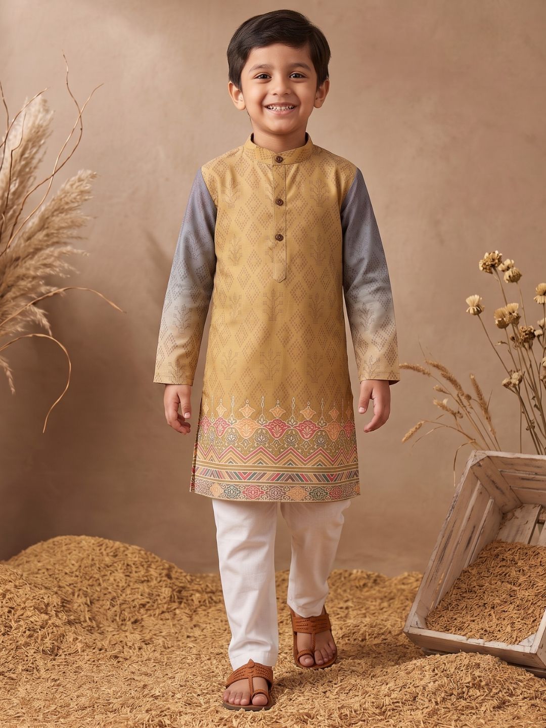 Mustard Ethnic Print Cotton Blend Kurta Pyjama Set For Boys