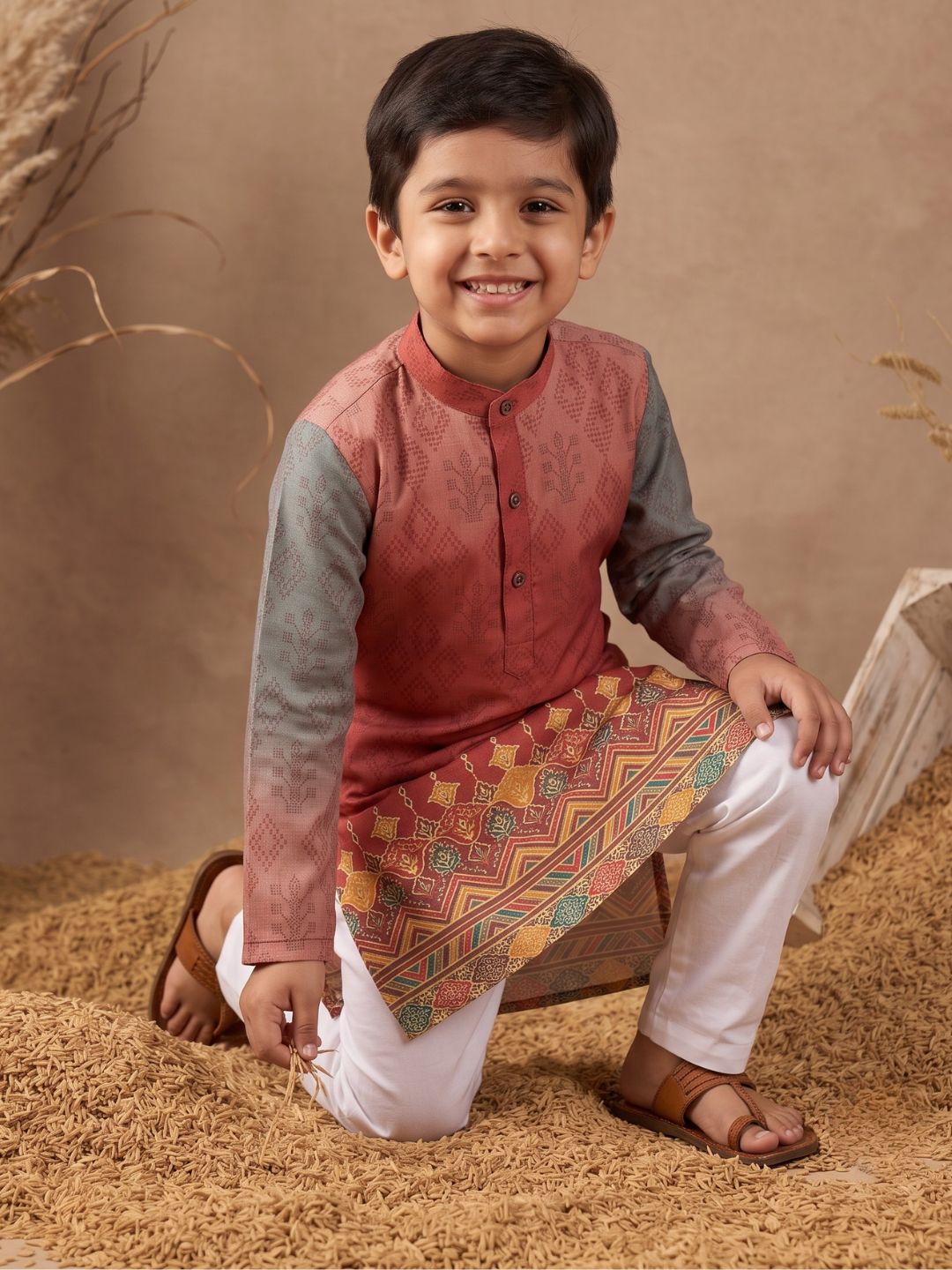 Red Ethnic Print Cotton Blend Kurta Pyjama Set For Boys