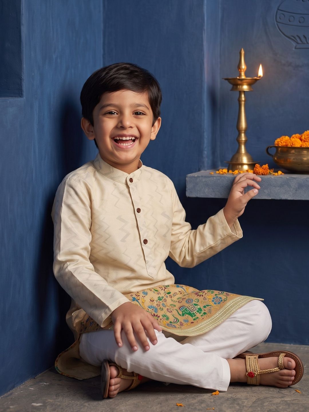 Yellow Elephant Printed Cotton Blend Kurta Pyjama Set For Boys