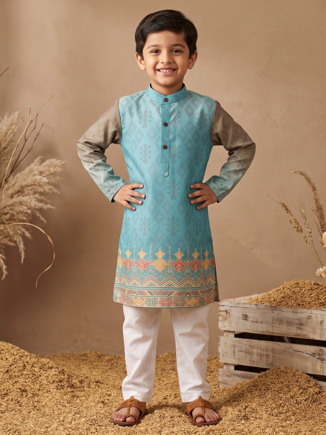 Sky Blue Ethnic Print Cotton Blend Kurta Pyjama Set For Boys