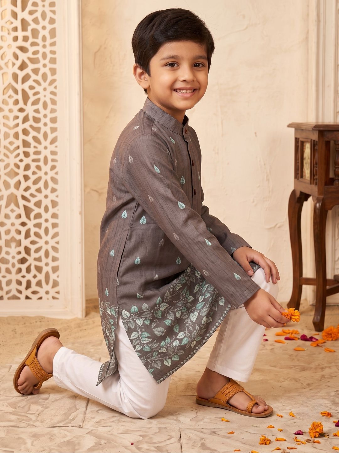 Brown Leaf Print Cotton Blend Kurta Pyjama Set For Boys