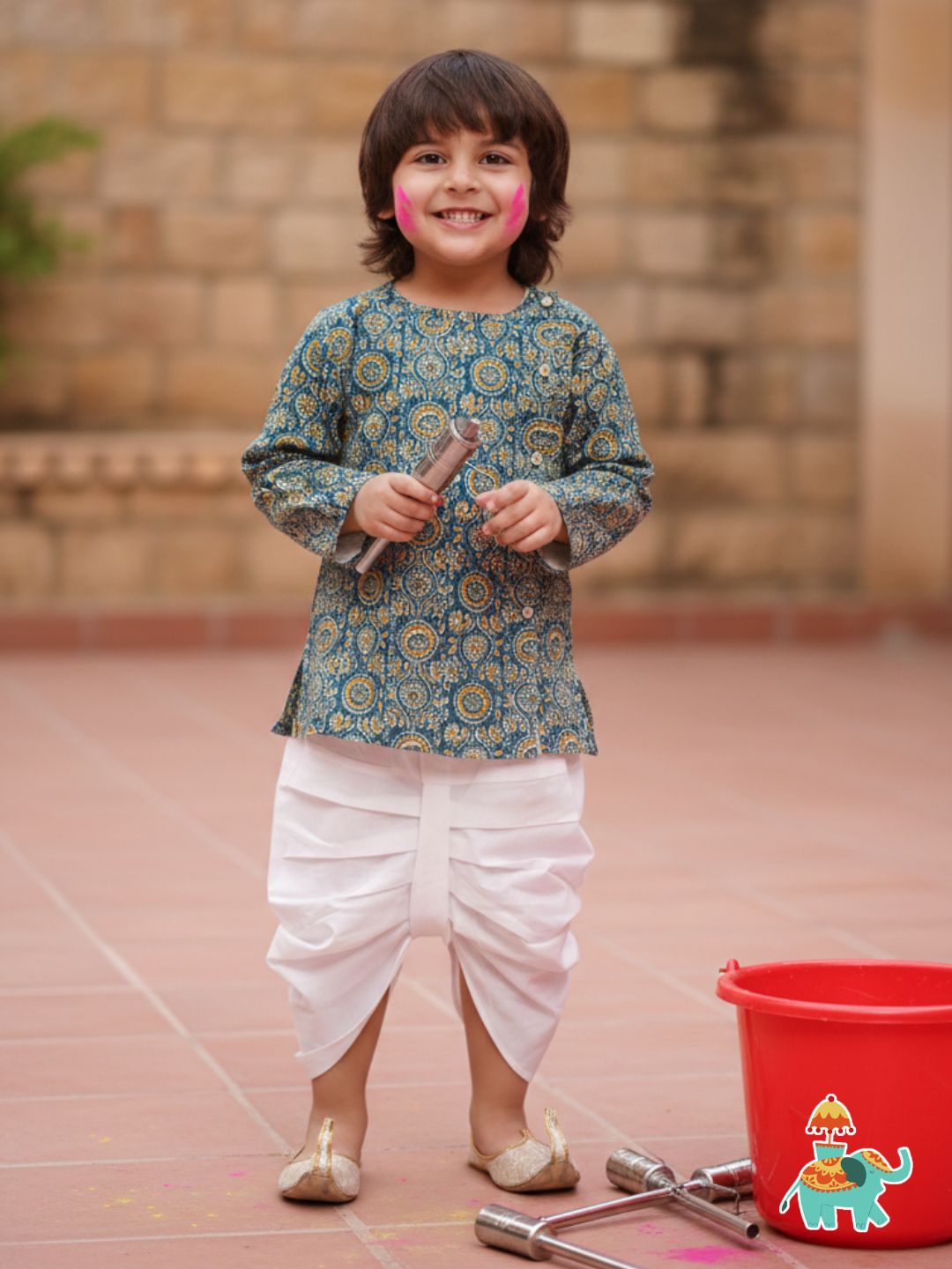 Holi Turquoise Pure Cotton Full sleeves Abstract Print Dhoti Set for Boys - AJ Dezines