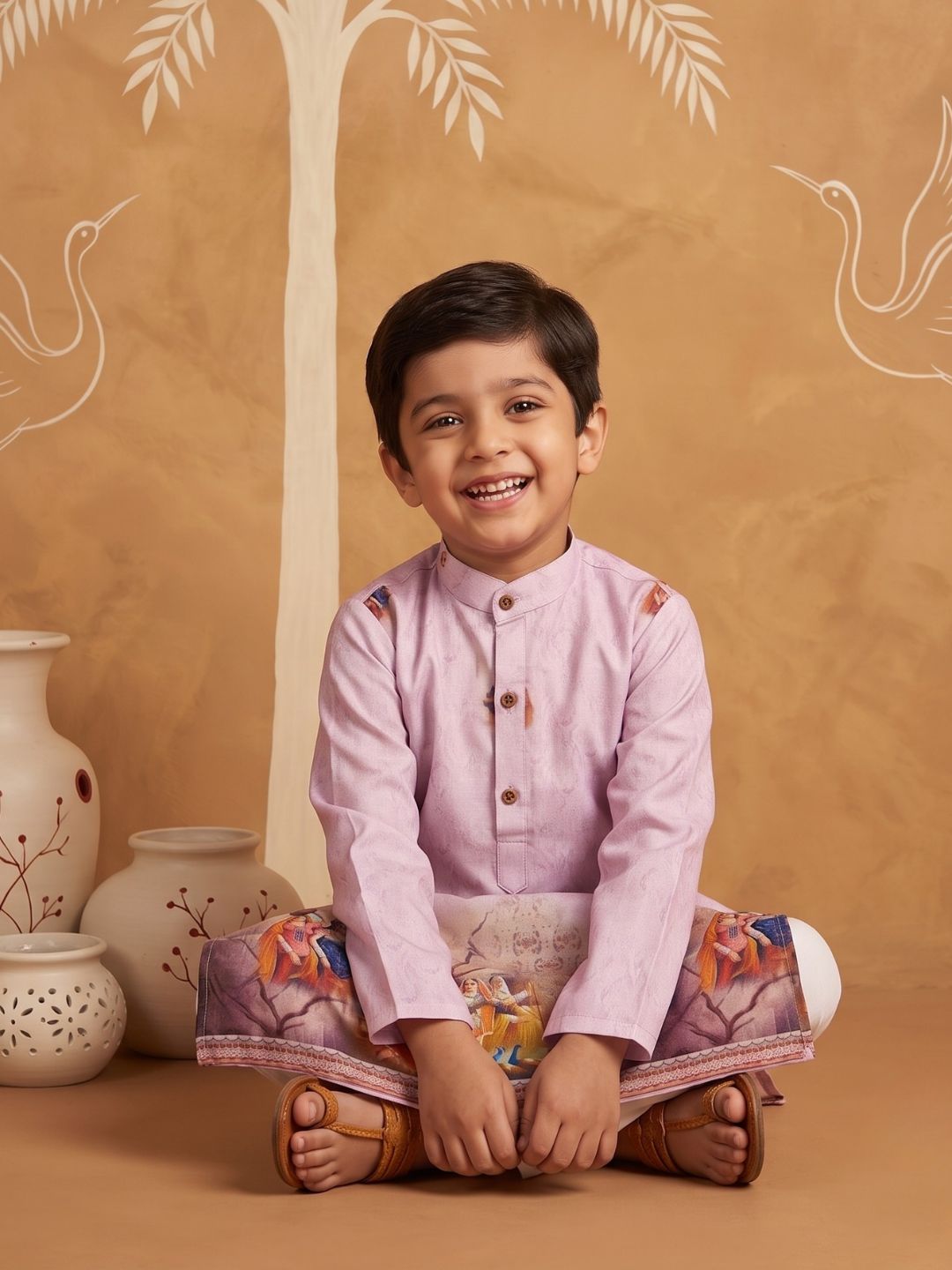 Pink Mythological Print Cotton Blend Kurta Pyjama Set For Boys