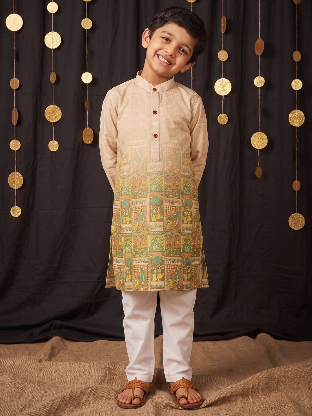 Yellow Ethnic Print Cotton Blend Kurta Pyjama Set For Boys