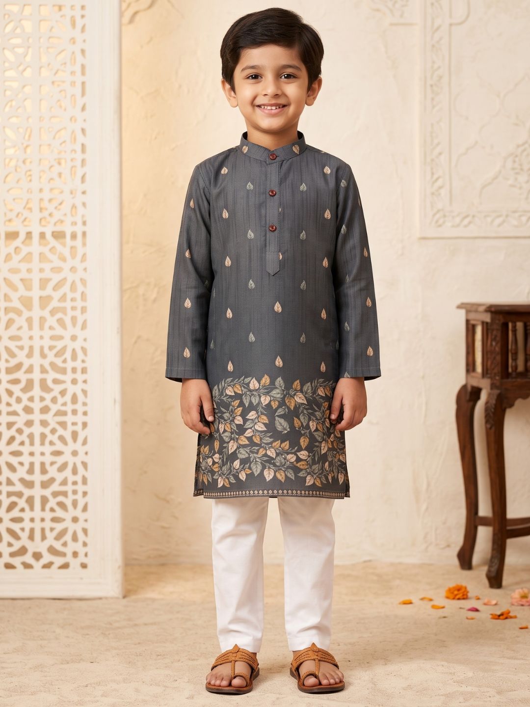 Grey Leaf Print Cotton Blend Kurta Pyjama Set For Boys