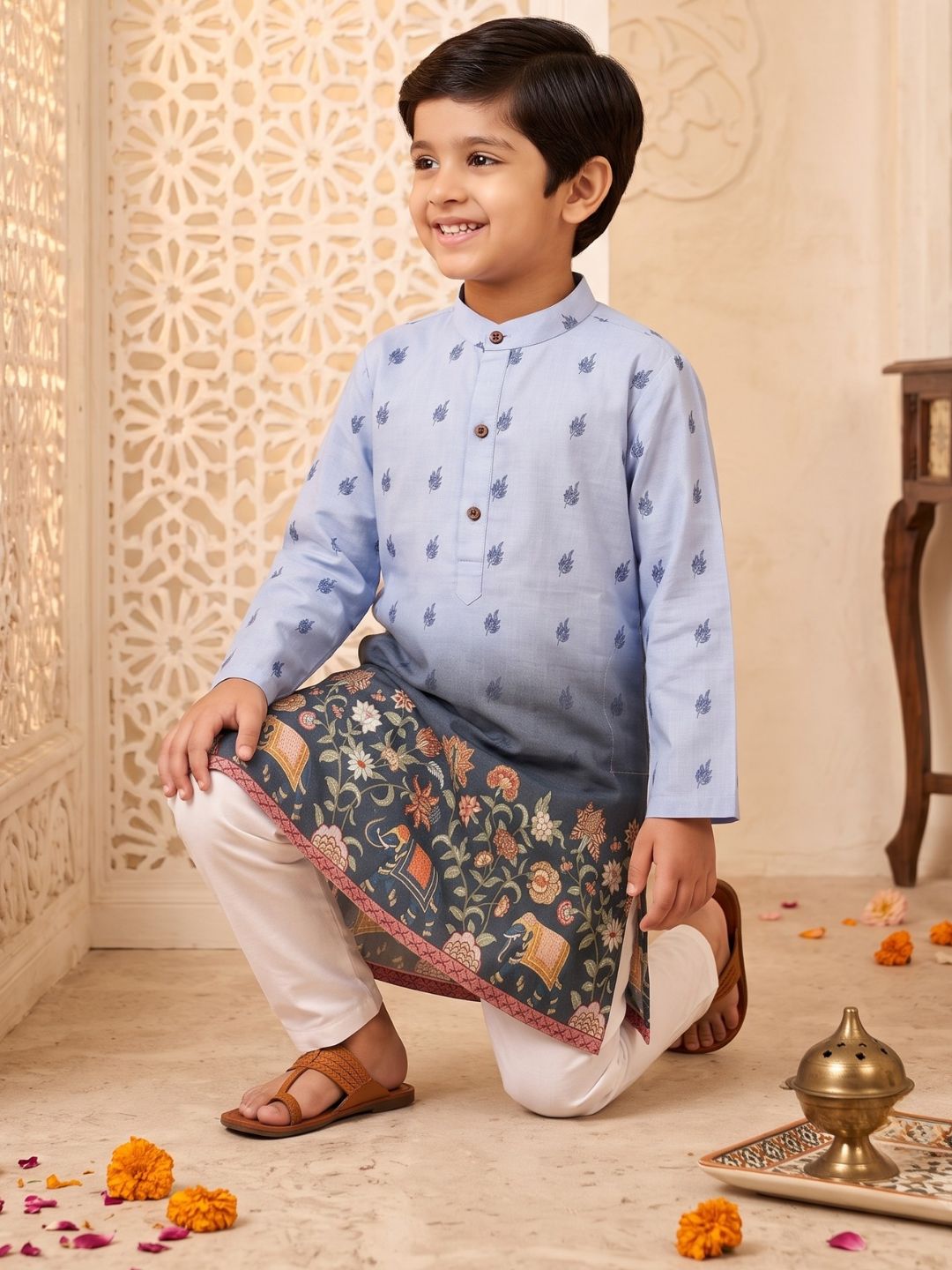 Blue Floral Elephant Printed Cotton Blend Kurta Pyjama Set For Boys