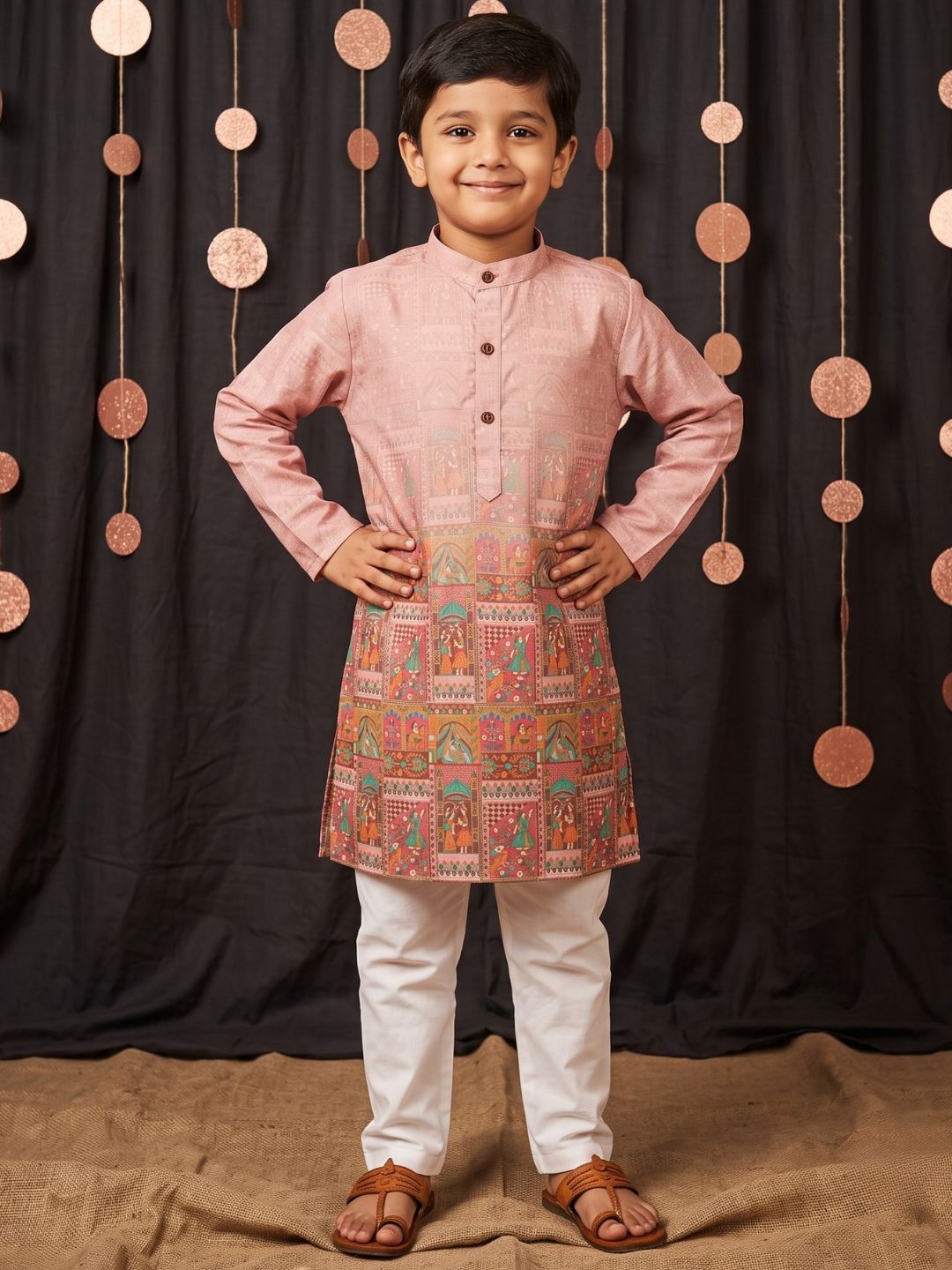 Pink Ethnic Print Cotton Blend Kurta Pyjama Set For Boys
