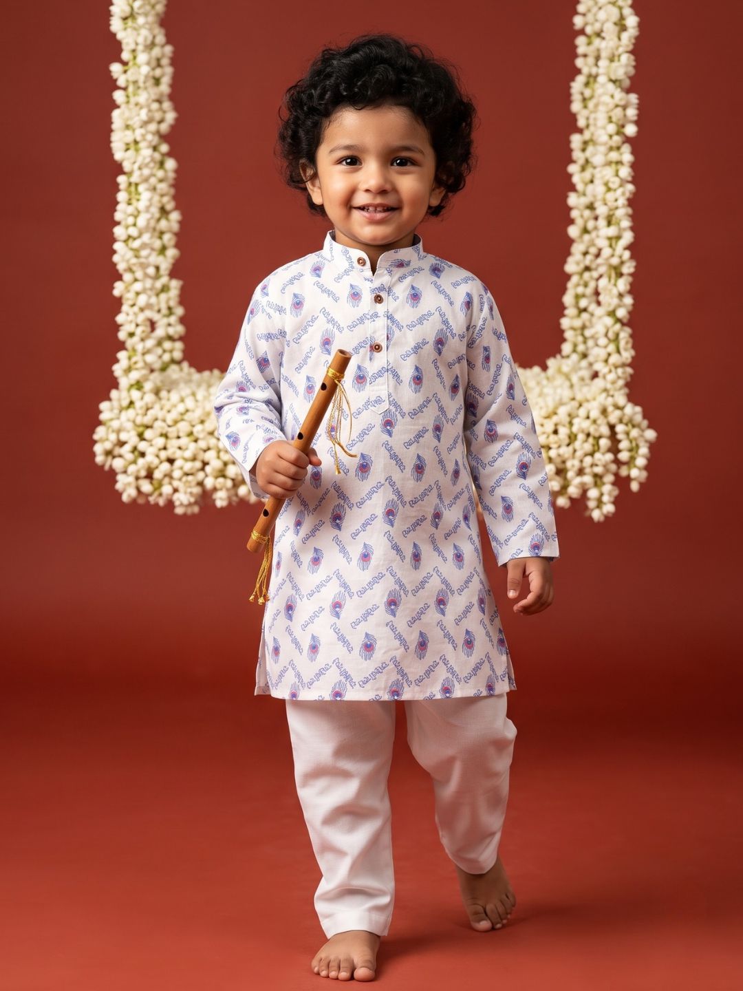 Blue Cotton Full sleeves Krishna Printed Kurta Pyjama Set