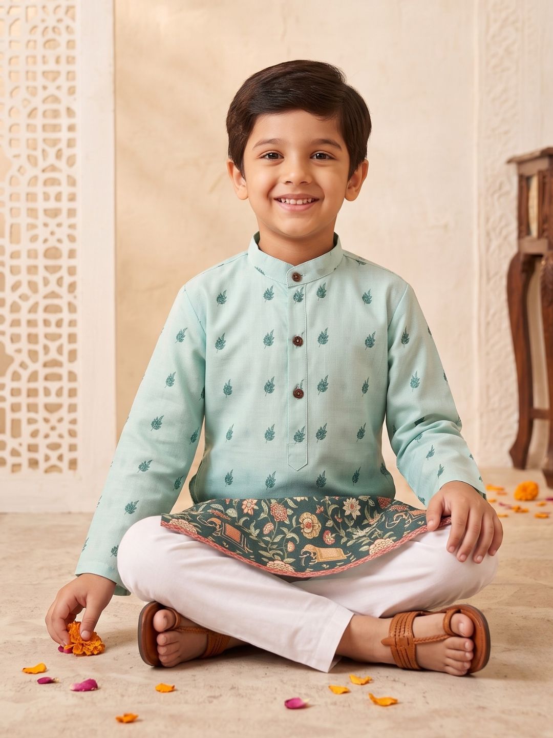 Green Floral Elephant Printed Cotton Blend Kurta Pyjama Set For Boys