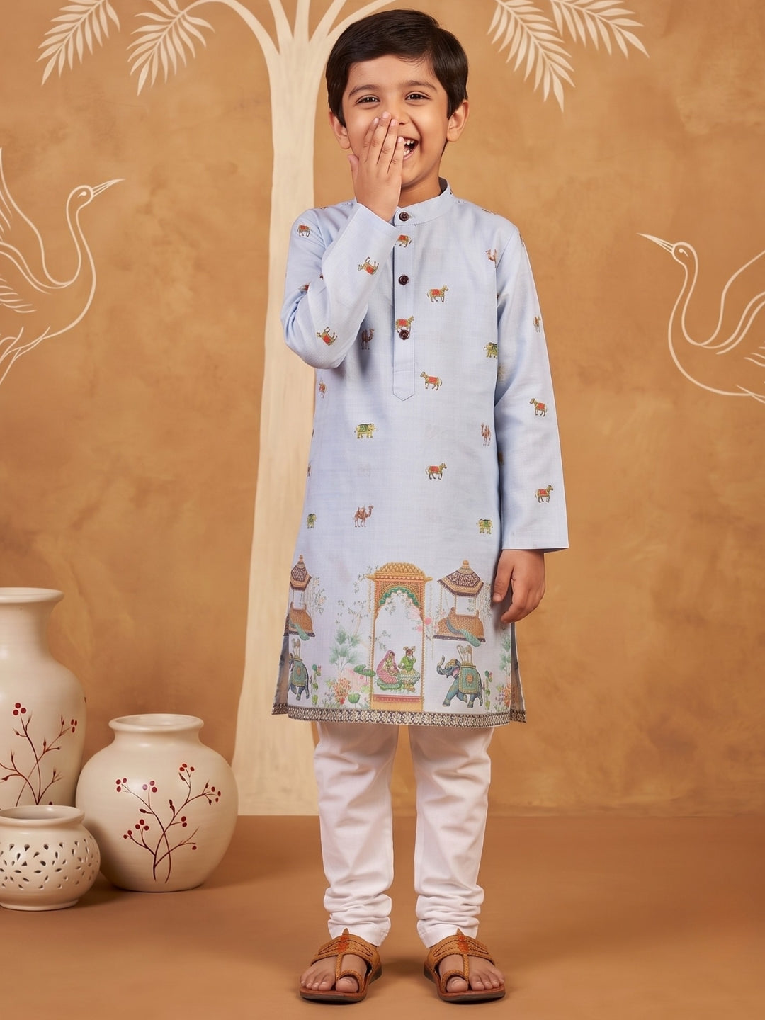 Blue Elephant & Traditional Ethnic Print Cotton Blend Kurta Pyjama Set For Boys