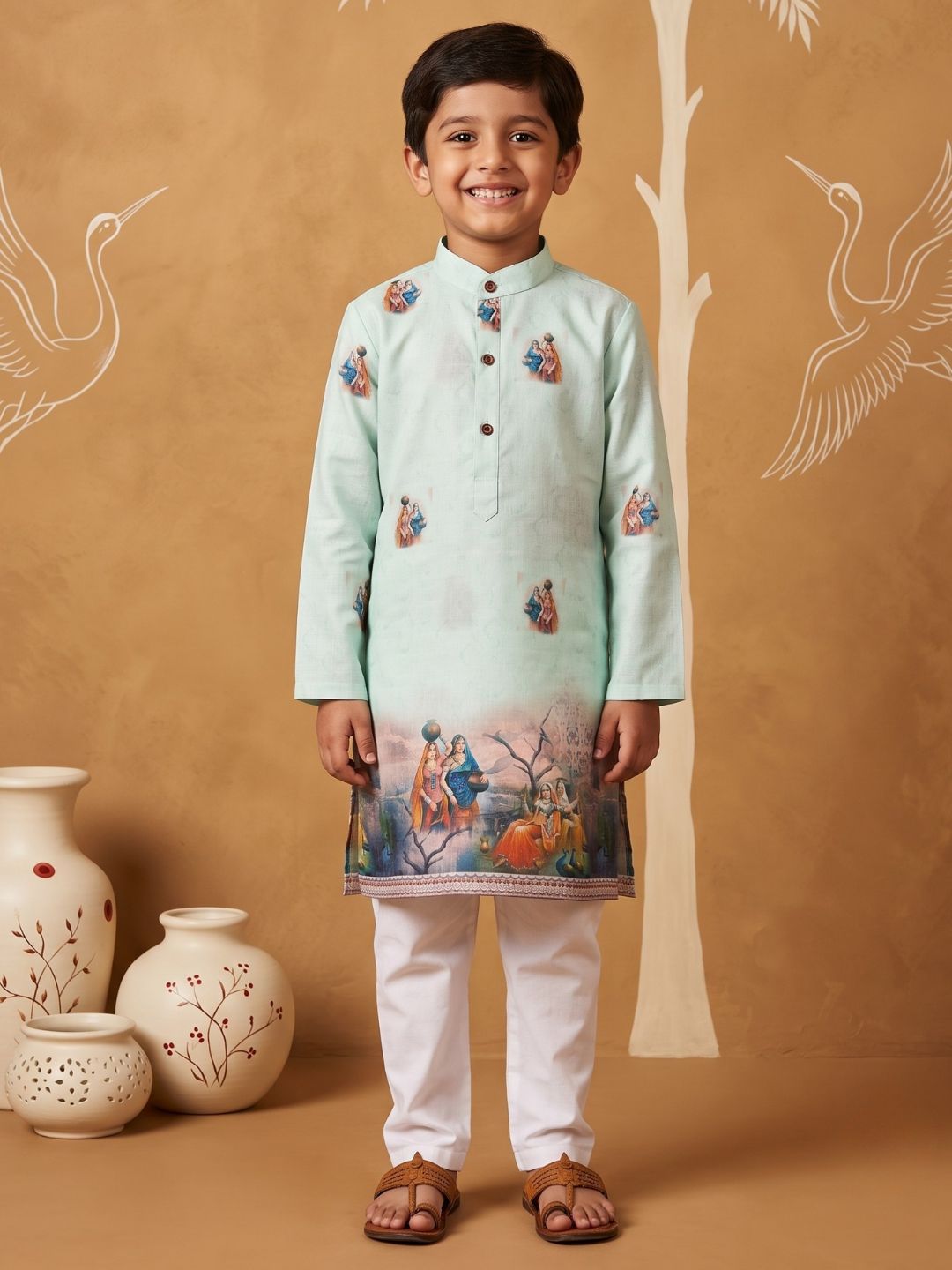 Green Mythological Print Cotton Blend Kurta Pyjama Set For Boys