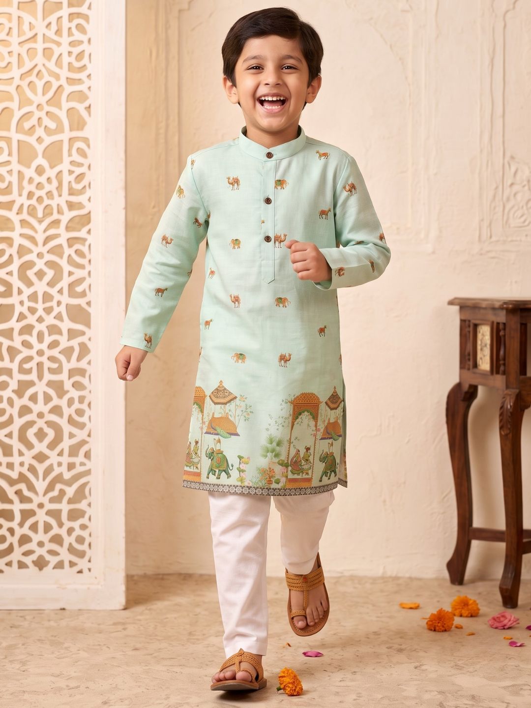 Green Elephant & Traditional Ethnic Print Cotton Blend Kurta Pyjama Set For Boys