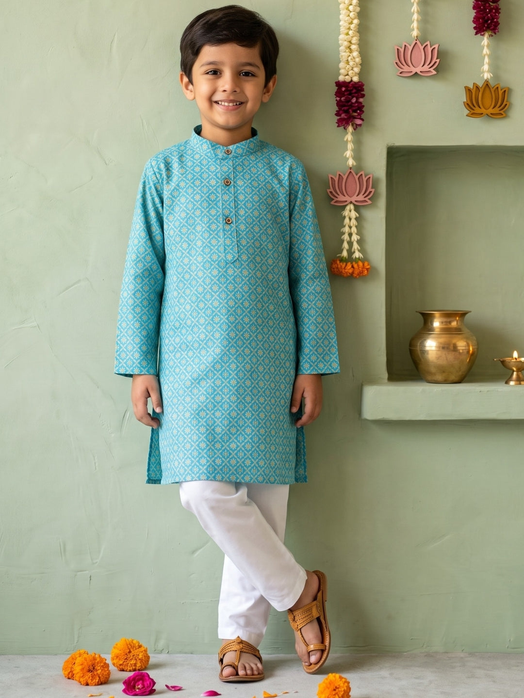 Blue Floral Geometric Print Cotton Blend Kurta Pyjama Set For Boys