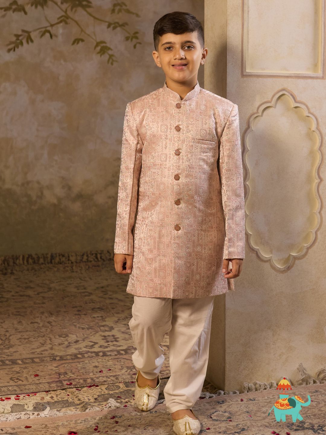 Pink Jacquard Full Sleeves Sherwani with Rich Floral Embroidery for boys