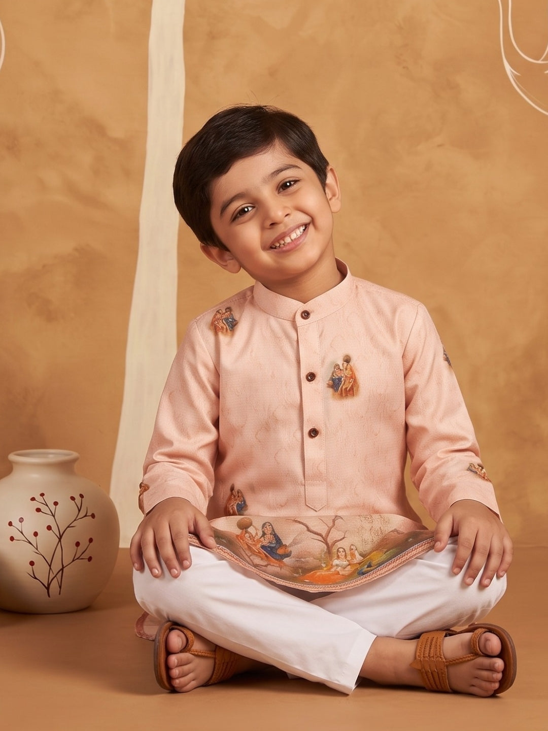Peach Mythological Print Cotton Blend Kurta Pyjama Set For Boys
