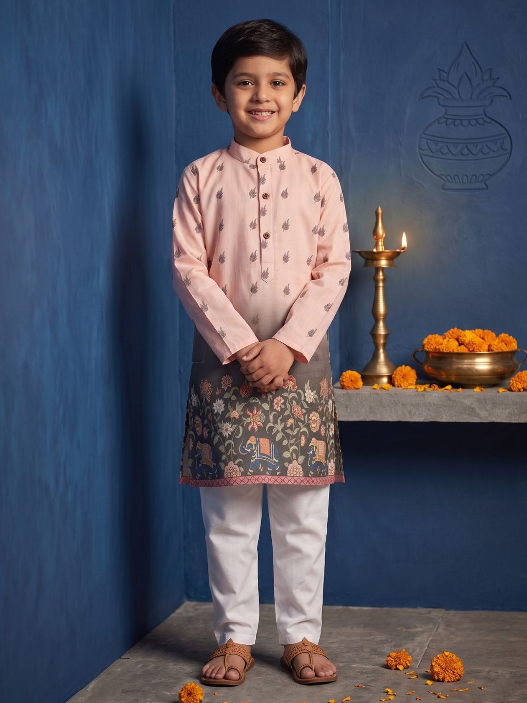 Pink Floral Elephant Printed Cotton Blend Kurta Pyjama Set For Boys